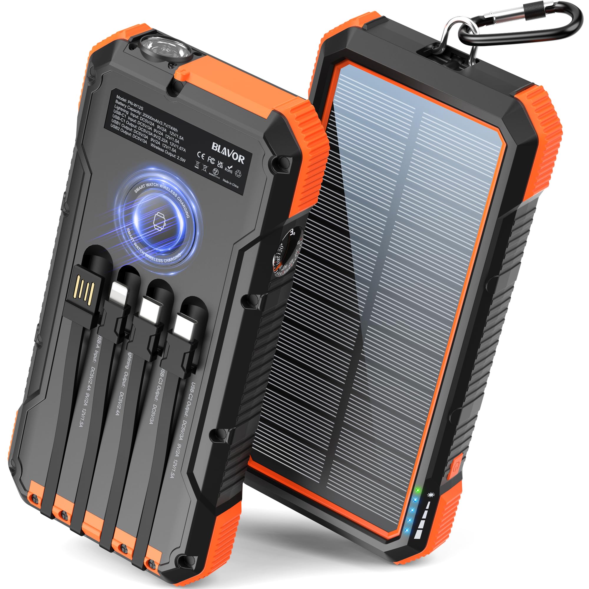 BLAVOR Solar Power Bank 74000mWh/20000mAh Built-in 4 Cables, 20W Fast Charging Portable Charger with USB C in/Output, Battery Pack for iPhone 16/15/14/13/12/11, iPad, Apple Watch, All Mobile Phones