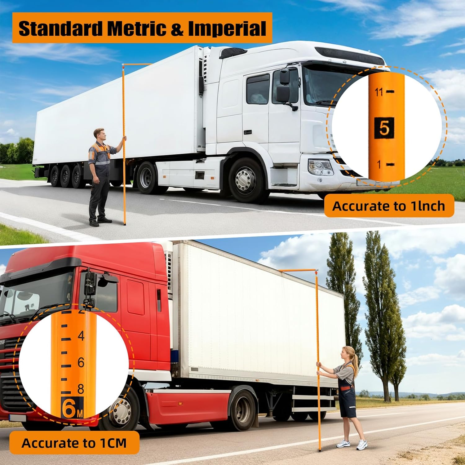 20FT Load Height Measuring Stick, Metric& Imperial, Sturdy Fiberglass Truck Height Stick with Adjustable Pole,Professional Non-Conductive Truck Height Measuring Stick for Trucks Car Haulers Trailer