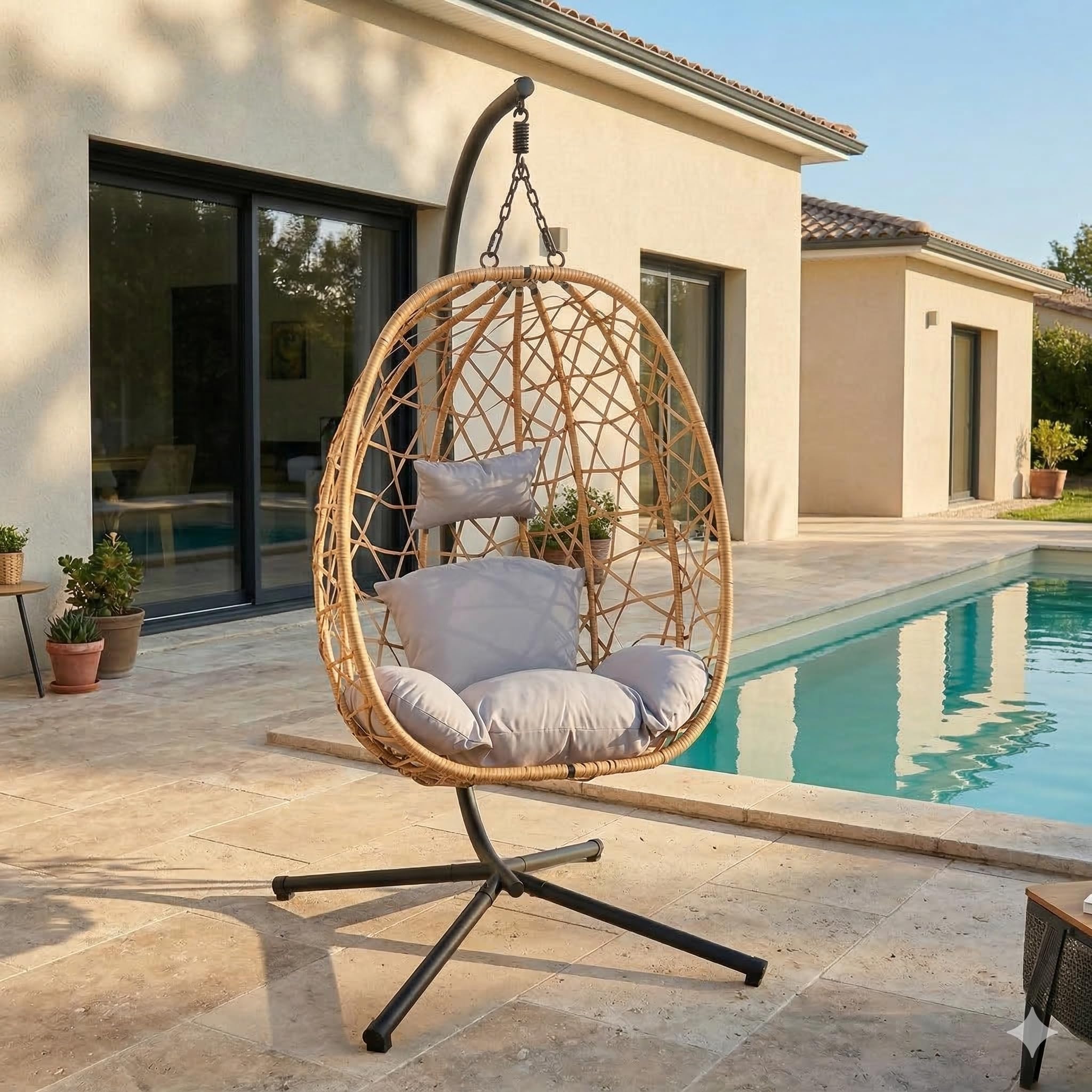 CONCEPT USINE | Fauteuil Suspendu avec Support en Résine Tressée | Design CUZCO Rotin Naturel | Structure Acier Robuste | Coussins Déperlants & Amovibles | Balançoire 1 Place | Intérieur & Extérieur