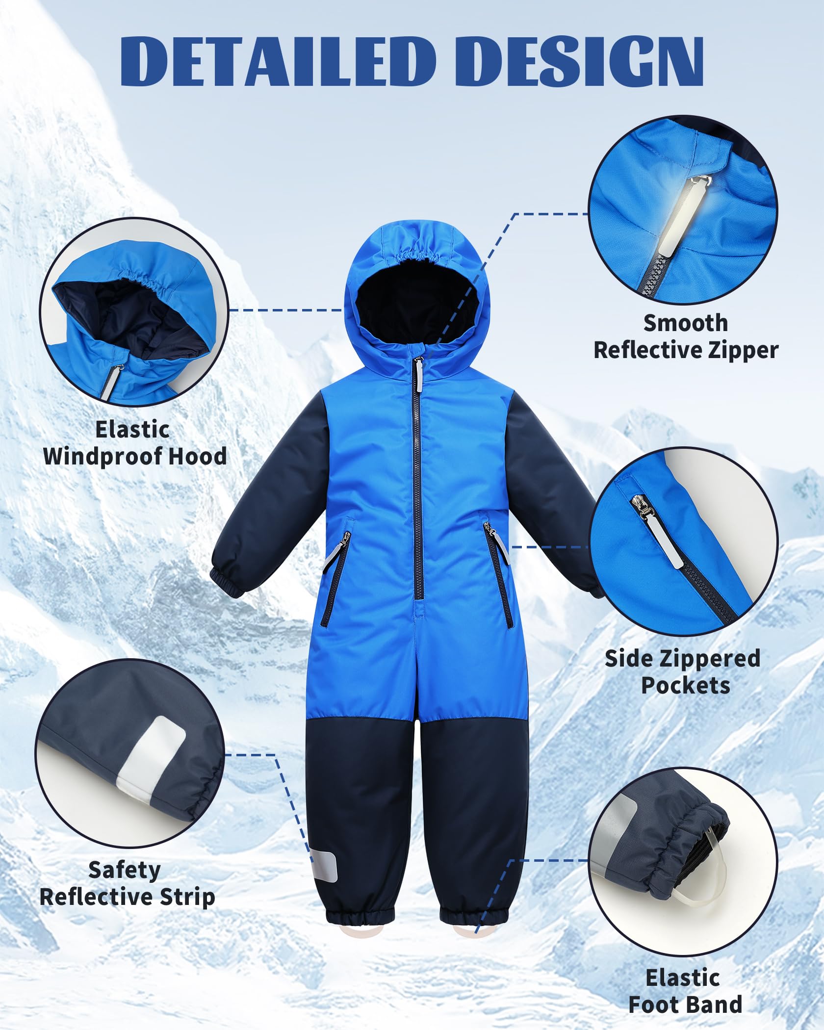 Owntop Schneeanzug Kinder Unisex, Schneeoverall Mädchen Jungen, Winddicht Wasserdicht Skianzug mit Kapuze Reißverschluss 98-122