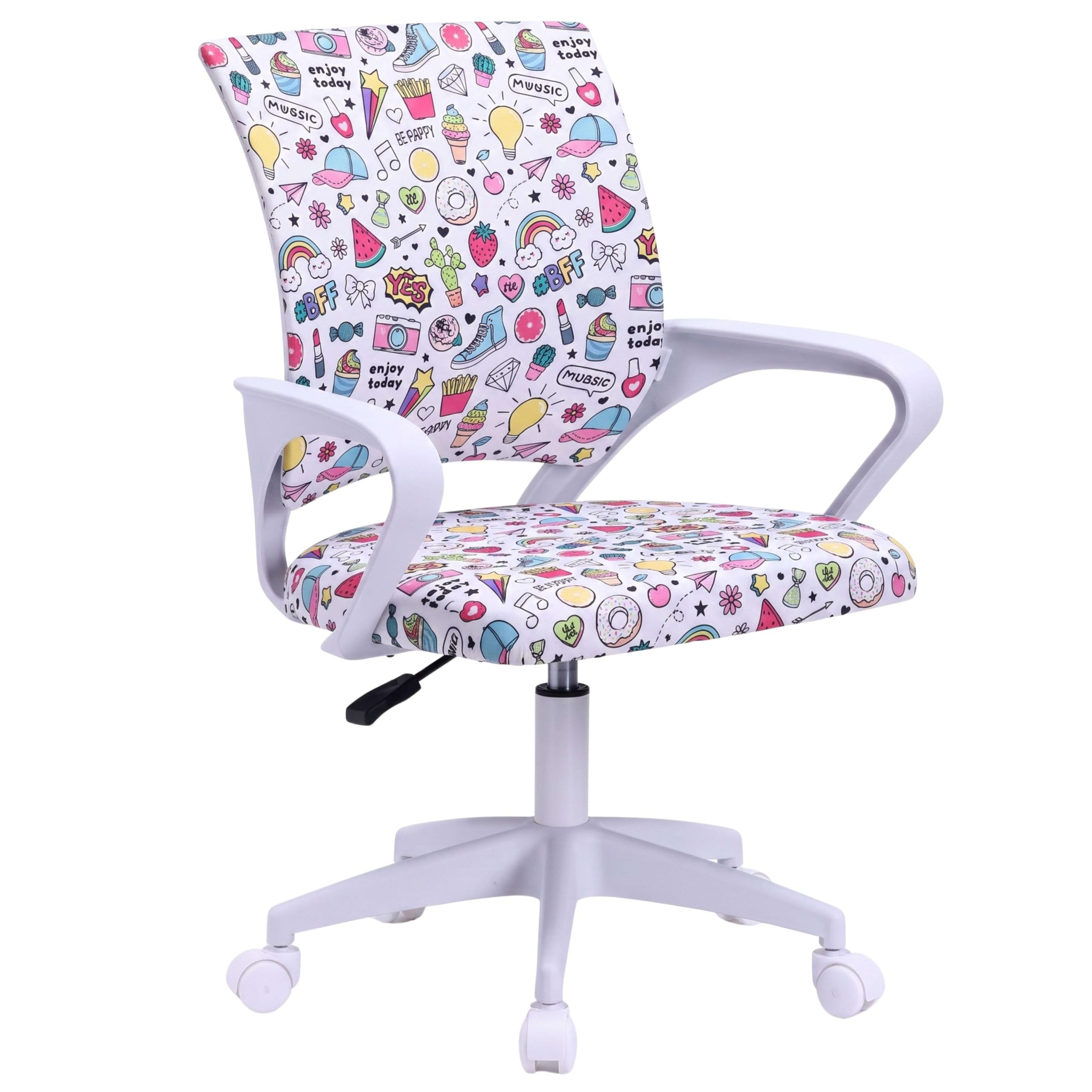 Miroytengo Silla de Escritorio Juvenil Vita Emojis, Altura Regulable, Tela Estampado, Reposabrazos Blanco