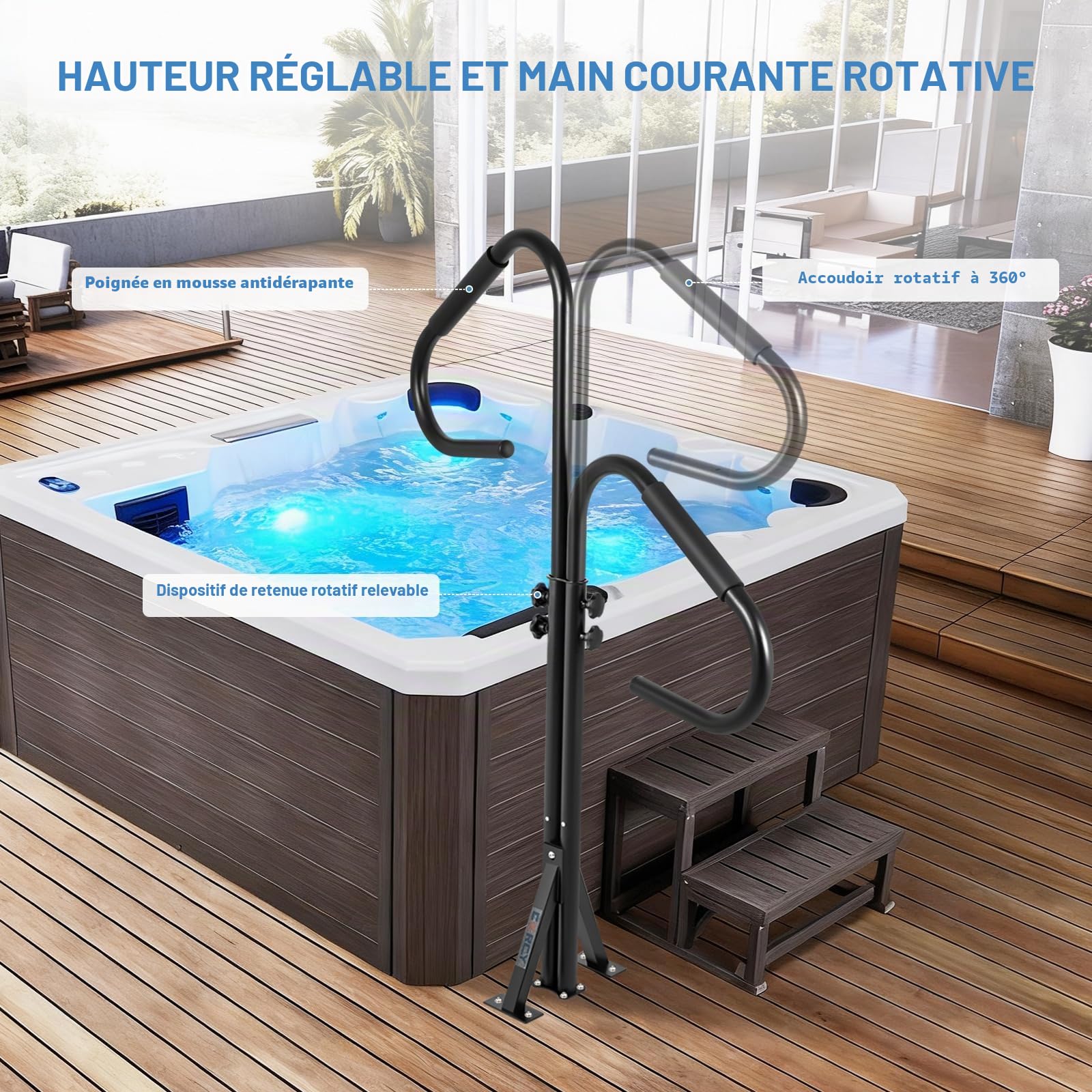 CXRCY Poignées de jacuzzi à deux sens, technologie de prévention de la rouille par revêtement électrophoretique, rotation à 360° & hauteur réglable de 104 cm à 137 cm, poignée latérale pour spa de 600