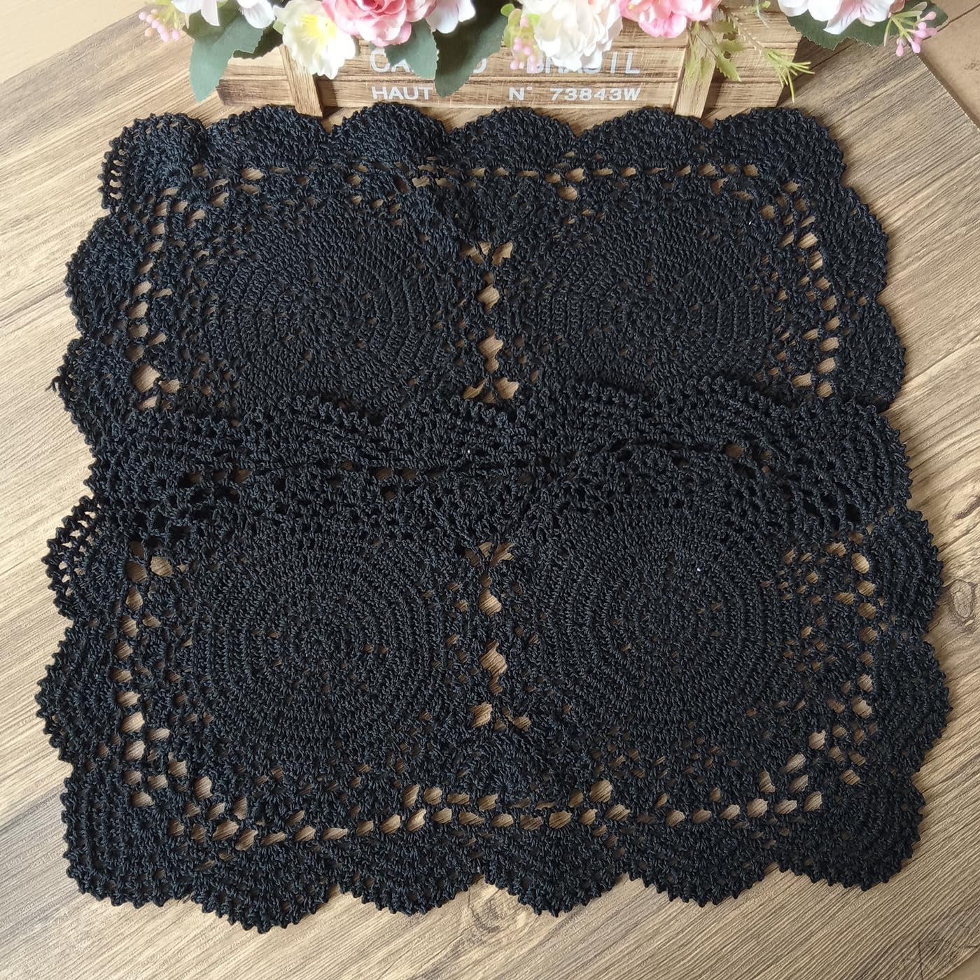 Phantomon Lace Doilies Handmade Crochet Placemats Cotton Doilies Cloth Lace, Pack of 2, Rectangular Shape Table Runner, 10 x 17 inch (Black)