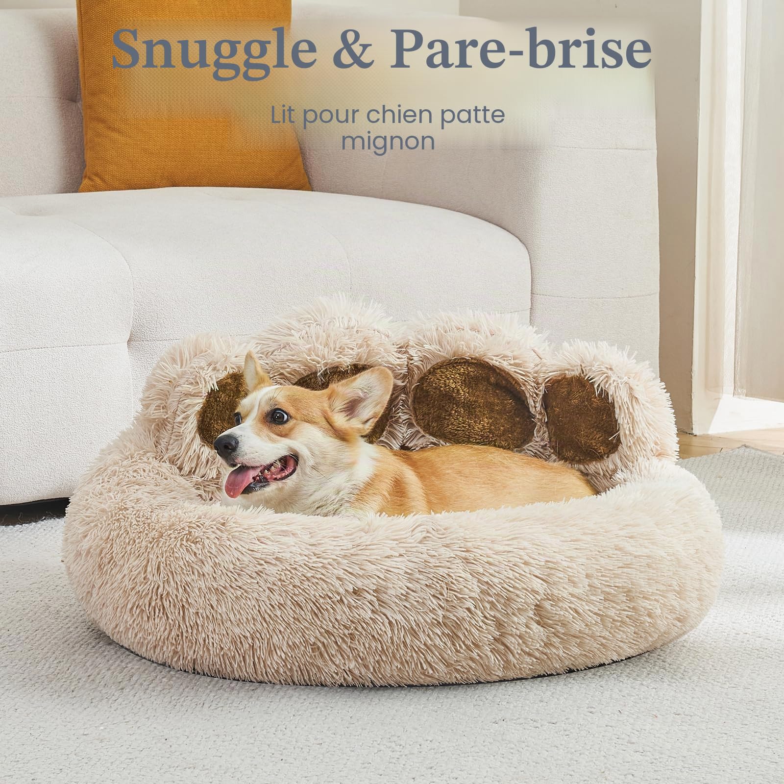 Jiupety Lit pour Chat de Forme de la Patte, Panier Chat Moelleux en Forme de Beignet, Moyen Format Le diamètre est de 56 cm, Confortable et Doux, Lavable en Machine Dog Cat Bed, Camel