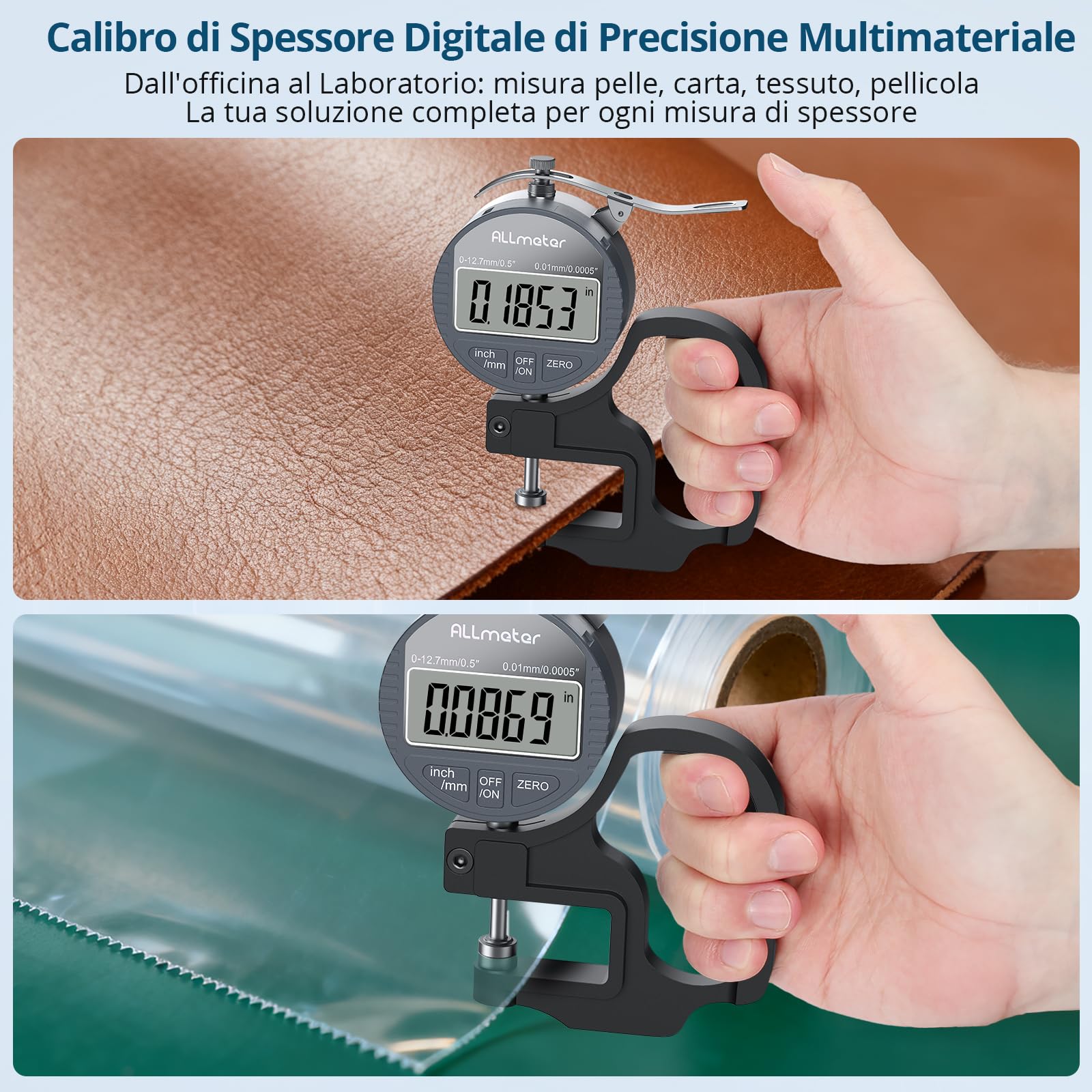 Calibro per Spessori Digitale 0-12,7mm/0-0,5" con Precisione di 0,01 mm/0,0005", Misuratore di Spessore Elettronico con Display LCD e Funzione Auto-Zero per Pelle, Carta, Tessuto