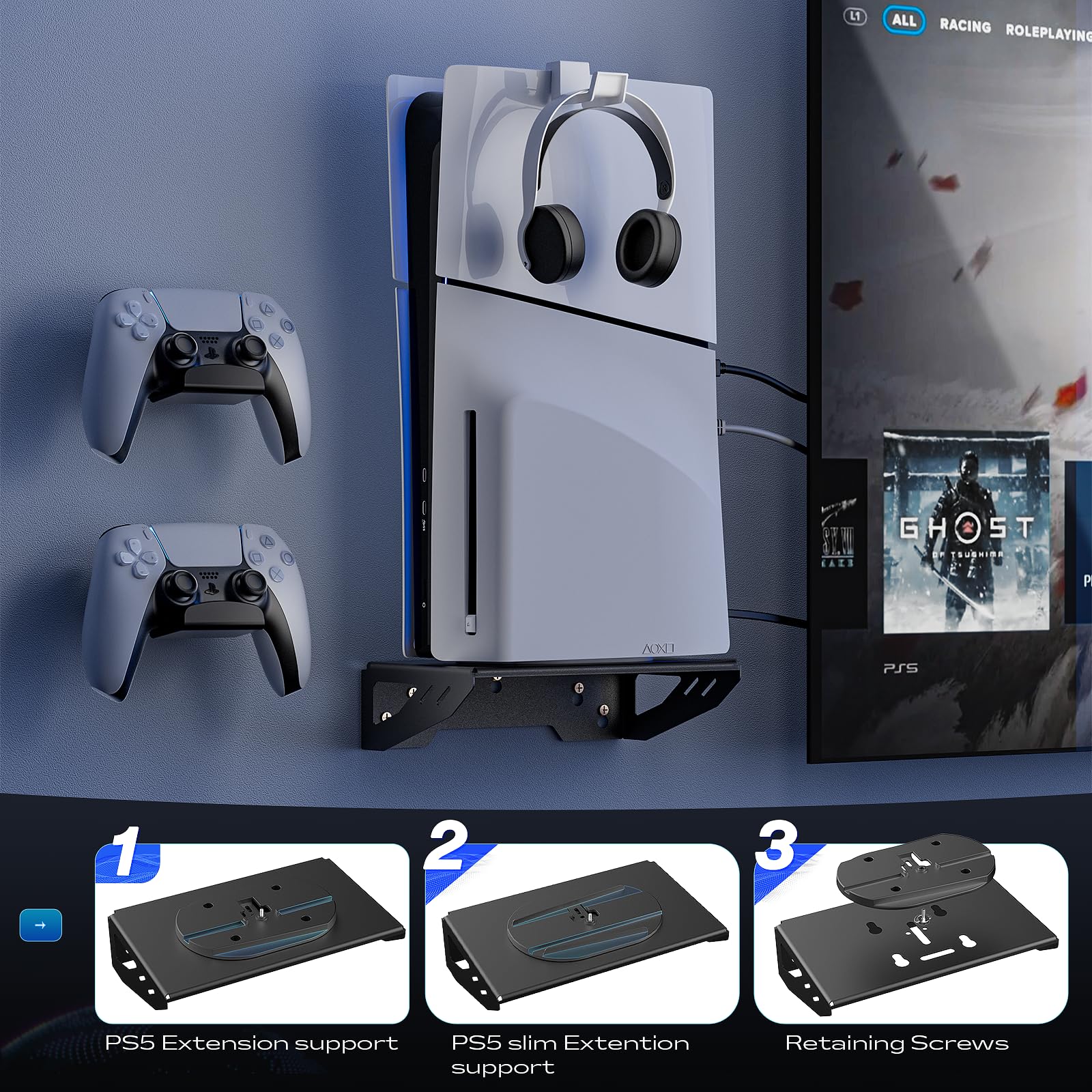 Aceshop Support Mural PS5/PS5 Slim,Support mural compatible avec PS5/PS5 Slim (Disque et Numérique) Acier Support Mural Playstation 5 Support mural pour console PS5/PS5 Slim avec support de Contrôleur