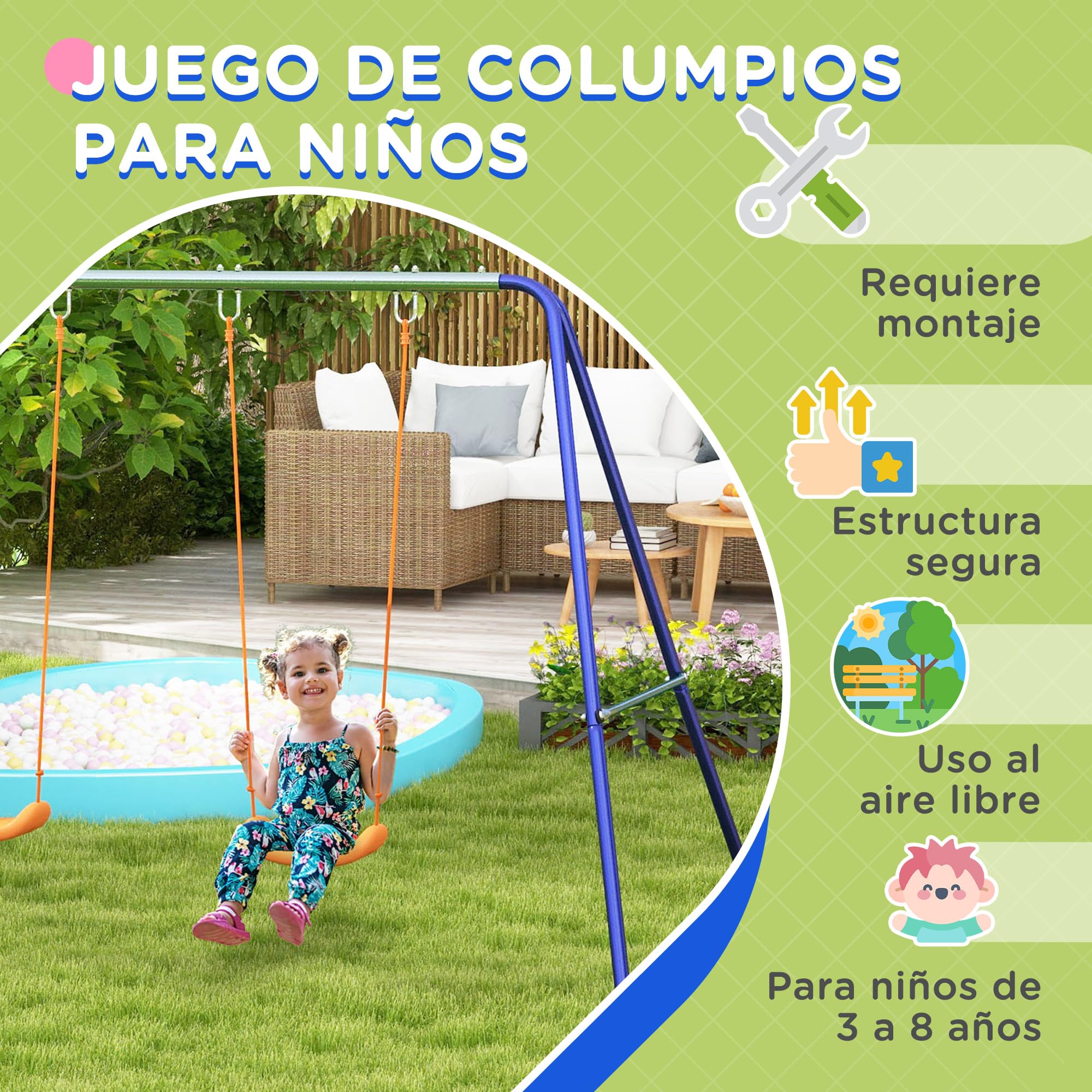 Outsunny Columpio Infantil Columpio para Niños de 3-8 Años con 2 Sillas Resistente a los Rayos UV y Soporte de Metal Carga 90 kg para Patio Jardín Multicolor