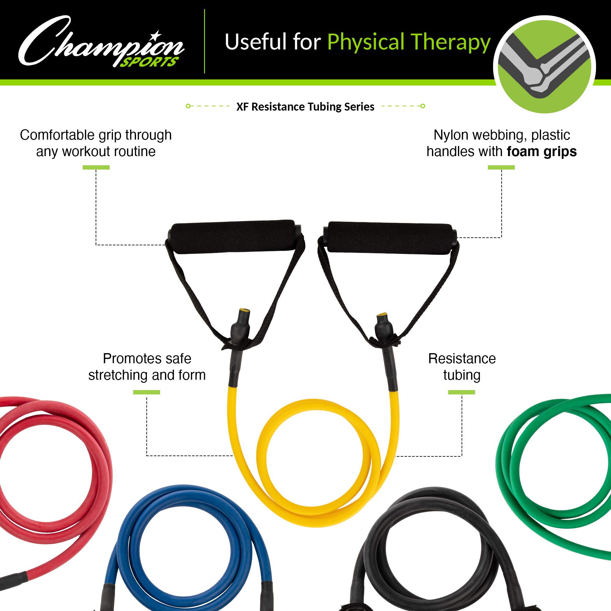 Champion Sports XF Resistance Tube Bands for Men and Women, Light Resistance, Green - Durable Fitness Band for Strength Training, Stretching, Rehabilitation - Premium Home Workout Equipment