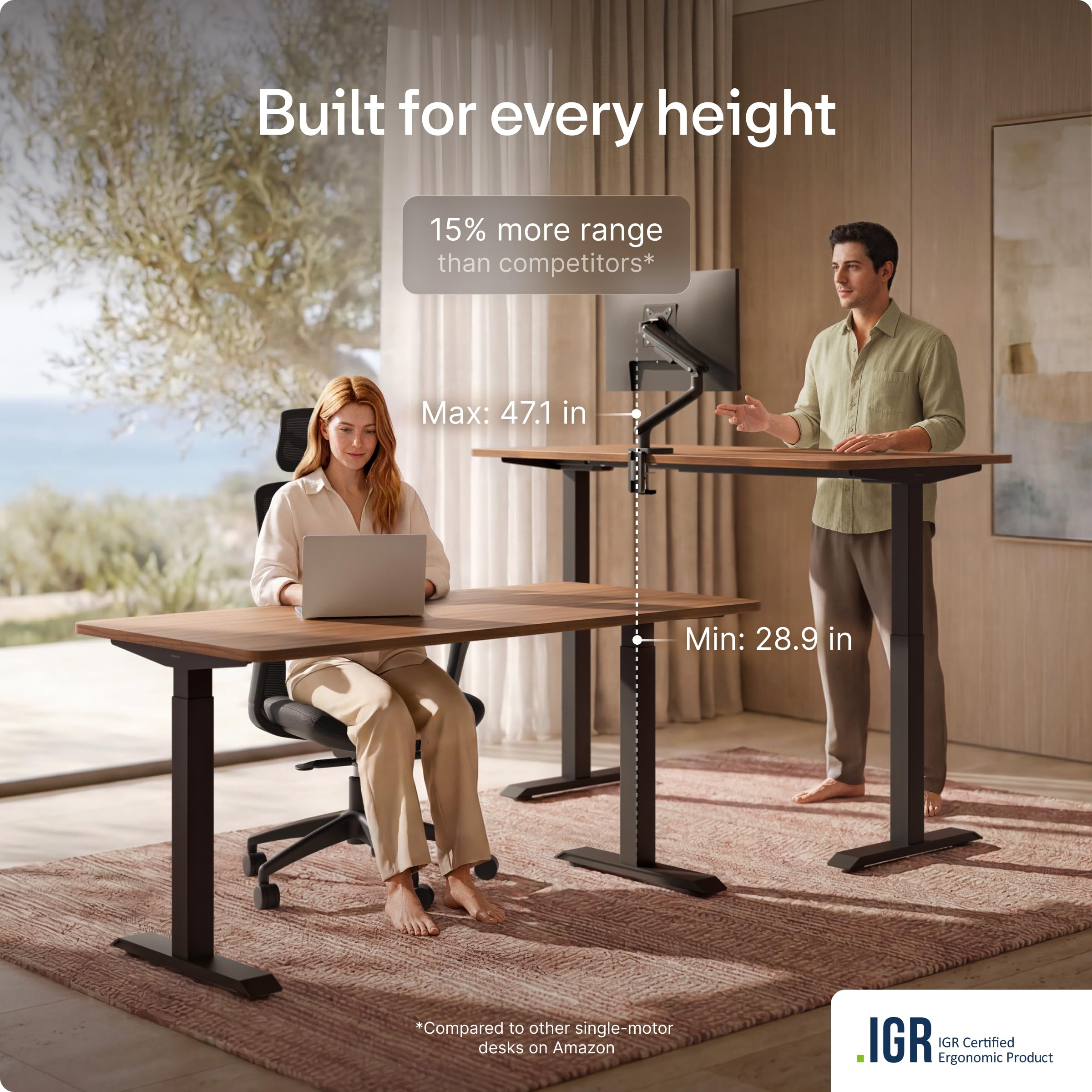 Black 60x28 in Electric Standing Desk, 1 Inch Thick Tabletop | Double Beam Frame, Holds 220lbs, Sit Stand, 3 Memory Height Adjustment, Extra Deep Table Top, Black Frame thumbnail 11