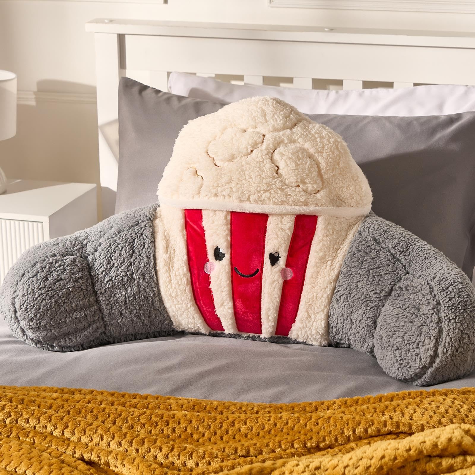 Ohs Poppy The Popcorn Popcorn Cuddle Cushion For Adults, Comfy Reading Pillows Super Soft Teddy Fleece Kids Cushions With Arms Support Pillow Snuggle Hug Pillow Relaxing At Home, Cream/Red - 80 X 32 X 35Cm