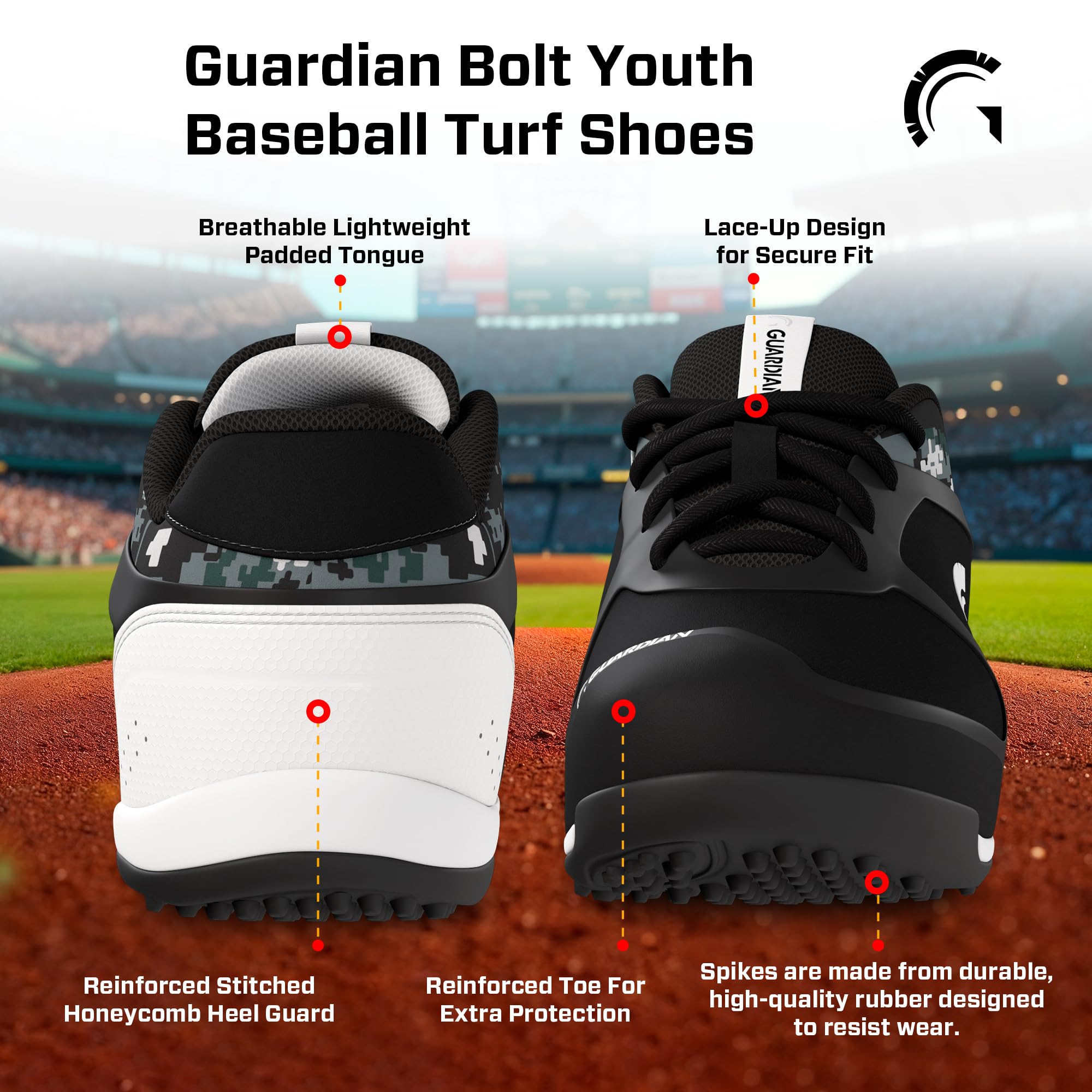 Guardian Bolt Youth Baseball Turf Shoes - Baseball Cleats for Boys and Girls Softball Shoes - Lightweight - Supportive - Comfortable Design, Black/Grey, 7