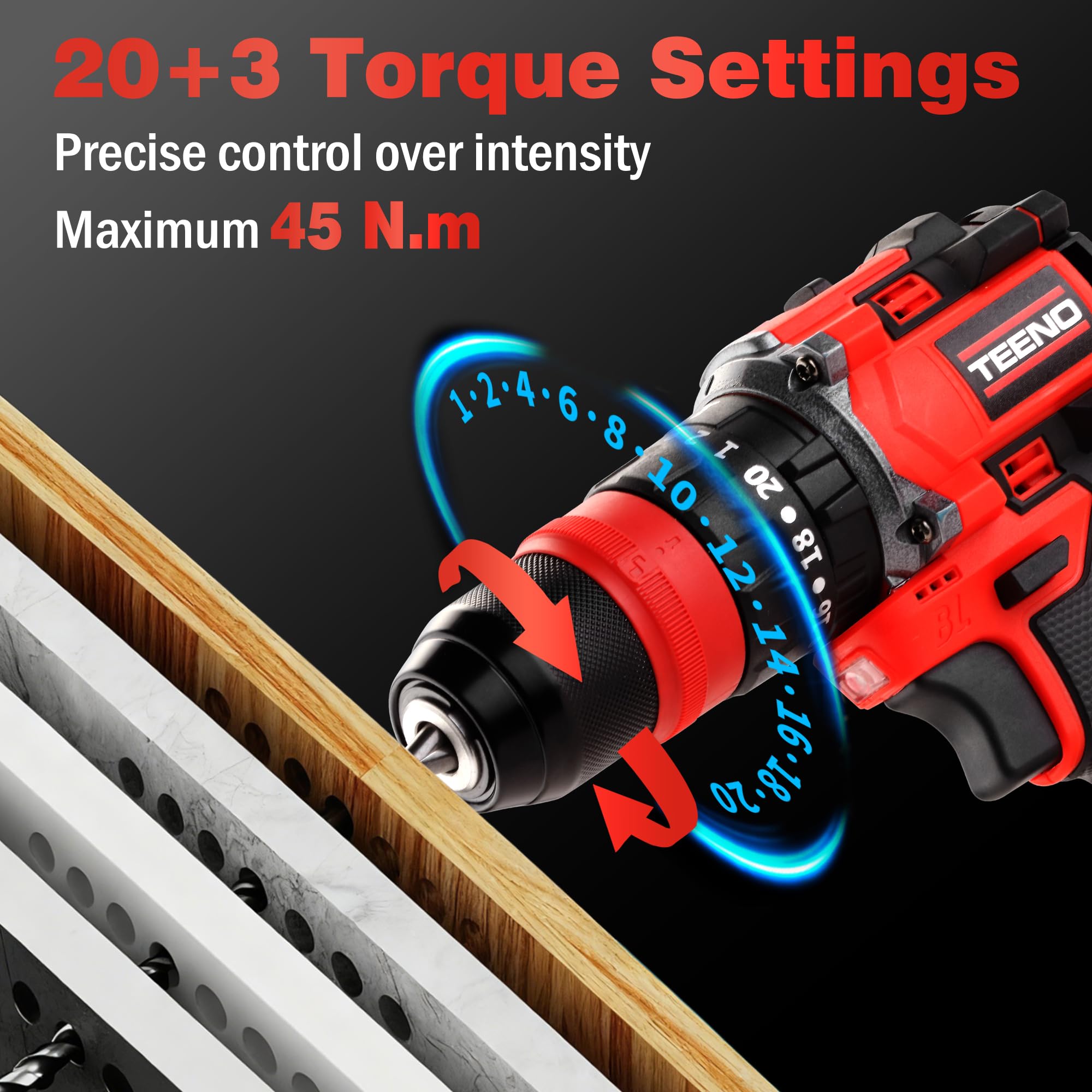 TEENO 18V Brushless Multifonctionnel Kit Perceuse Visseuse sans Fil à Percussion 45Nm, 4 en 1 avec 2 Batteries 2,0Ah, Système Multi-Têtes 20+3 Couple, 2 Vitesses, Mandrin Rapide, LED pour DIY