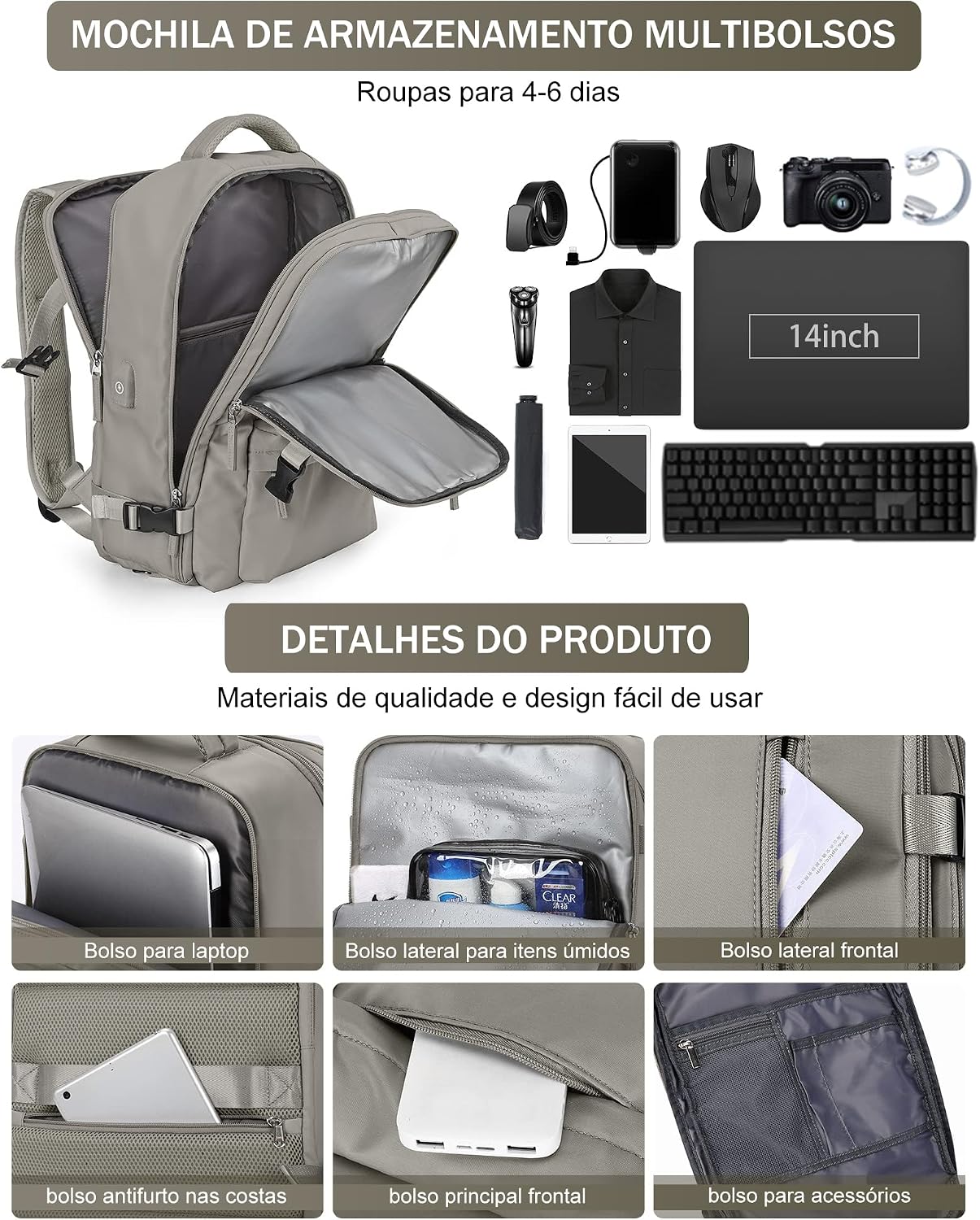 Mochila Viagem, Mochila Feminina Avião,40L Impermeável & Expansível,com Porta USB, Mochila Notebook Masculina Grande para Trabalho Casual Esportes Hiking Escolar Presente Mochila Viagem, Mochila Feminina Avião,40L Impermeável & Expansível,com Porta USB, Mochila Notebook Masculina Grande para Trabalho Casual Esportes Hiking Escolar Presente