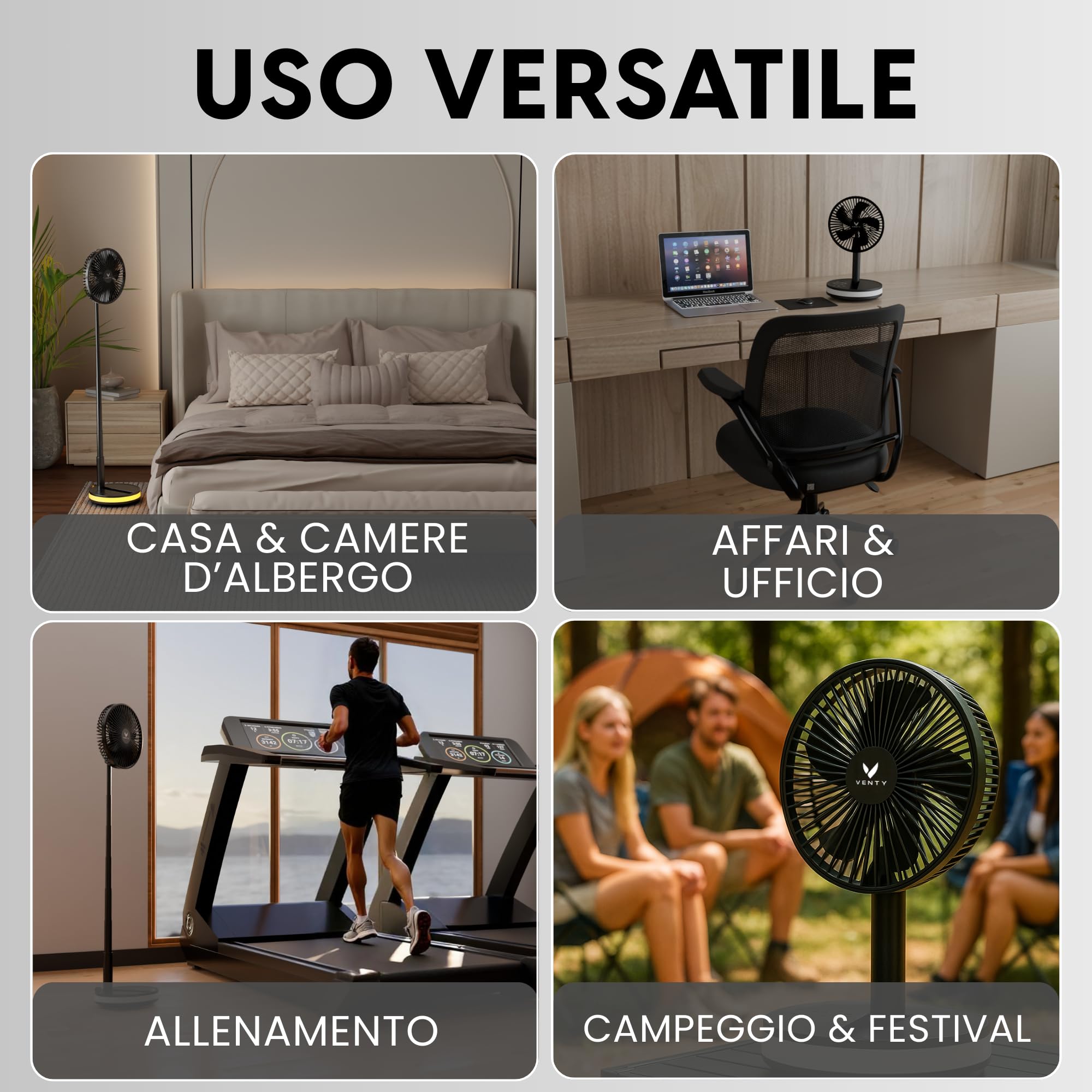 VENTY Ventilatore Portatile a Batteria Ricaricabile - Ventilatore Pieghevole con Custodia da Trasporto, Porta Usb e Telecomando - 4 Velocità, Compatto e Regolabile per Tavolo, Campeggio, Scrivania