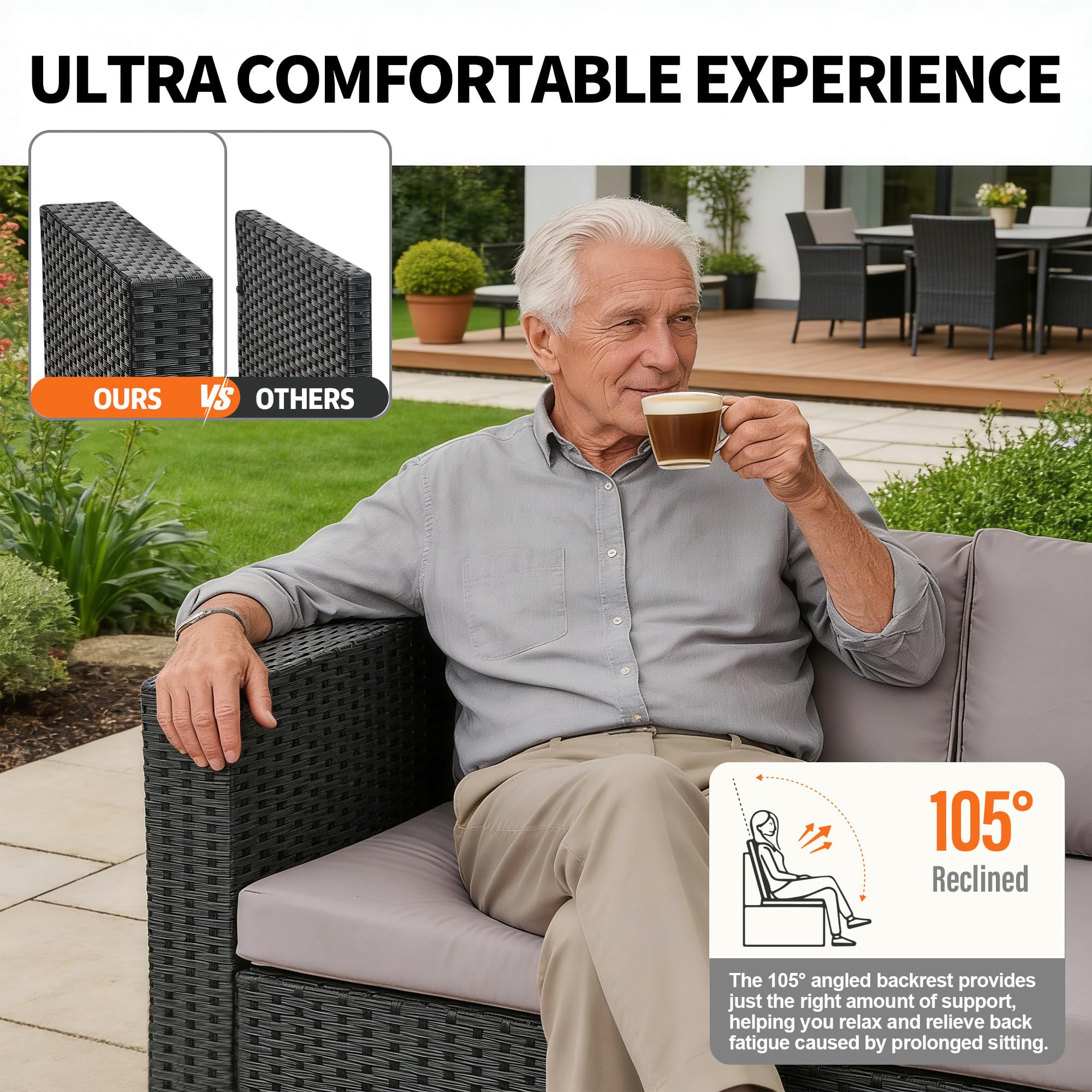 3 Pcs Aluminium Frame Rattan Garden Furniture Set, 6 Seater Corner Garden Sofa with Cushions and Glass Coffee Table, Outdoor Patio Furniture Set for Balcony, Conservatory, Terrace — view 3