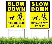 Vista 1 de Letrero de "Slow Down Kids and Pets at Play", letrero de patio de 12 x 9 pulgadas con estaca de metal en H, letrero de catión para niños, letrero
