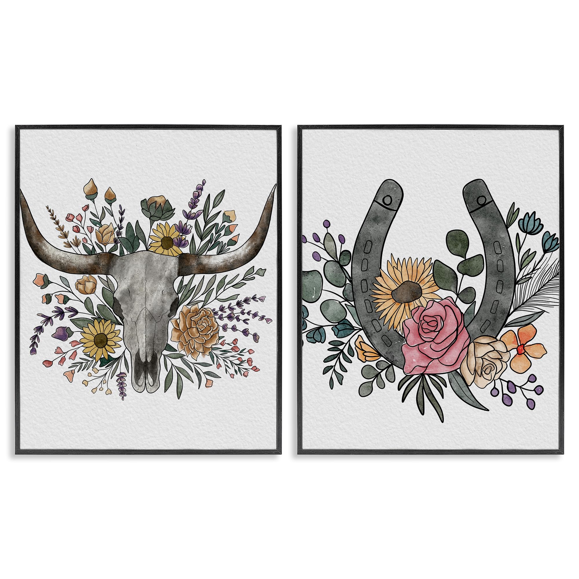Stupell Industries Midnight Black (Textured) 'Boho Longhorn & Horseshoe'| 2Pc Framed Giclee Art Set 2