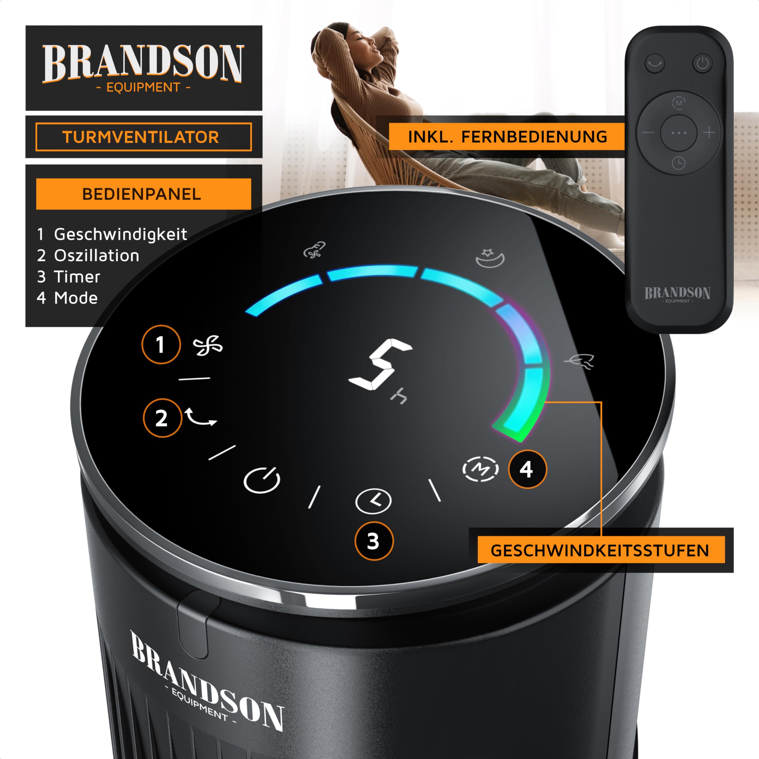 Brandson - Turmventilator mit Fernbedienung - Aromafach – sehr leise – Oszillation - Timer – 4 Modi – 5 Geschwindigkeitsstufen – LED Anzeige