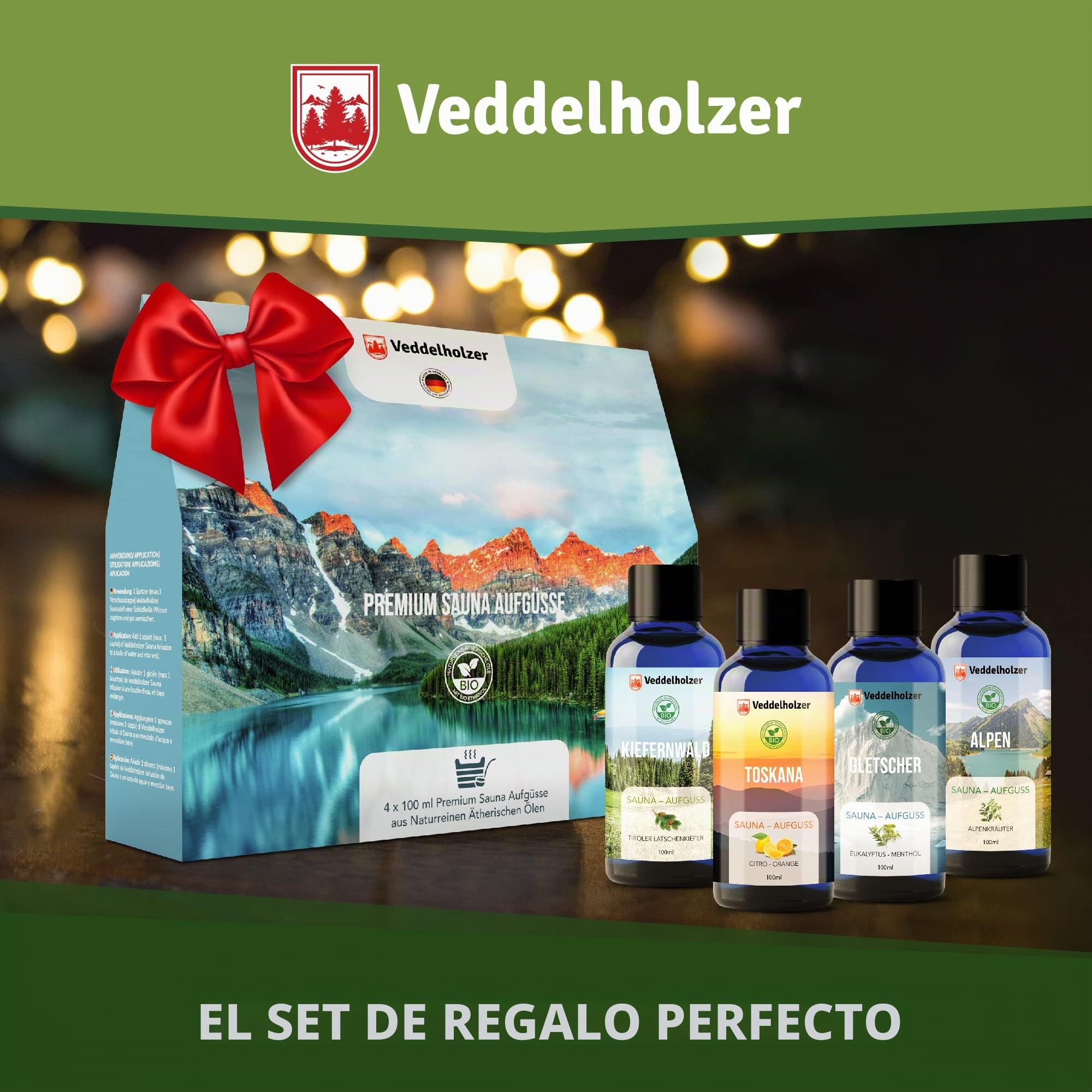 Veddelholzer BIO - Juego de infusión de sauna con aceites esenciales 100 % naturales 4 x 100 ml, diferentes aceites de sauna, aroma de sauna, accesorios de sauna como set de regalo todo en uno