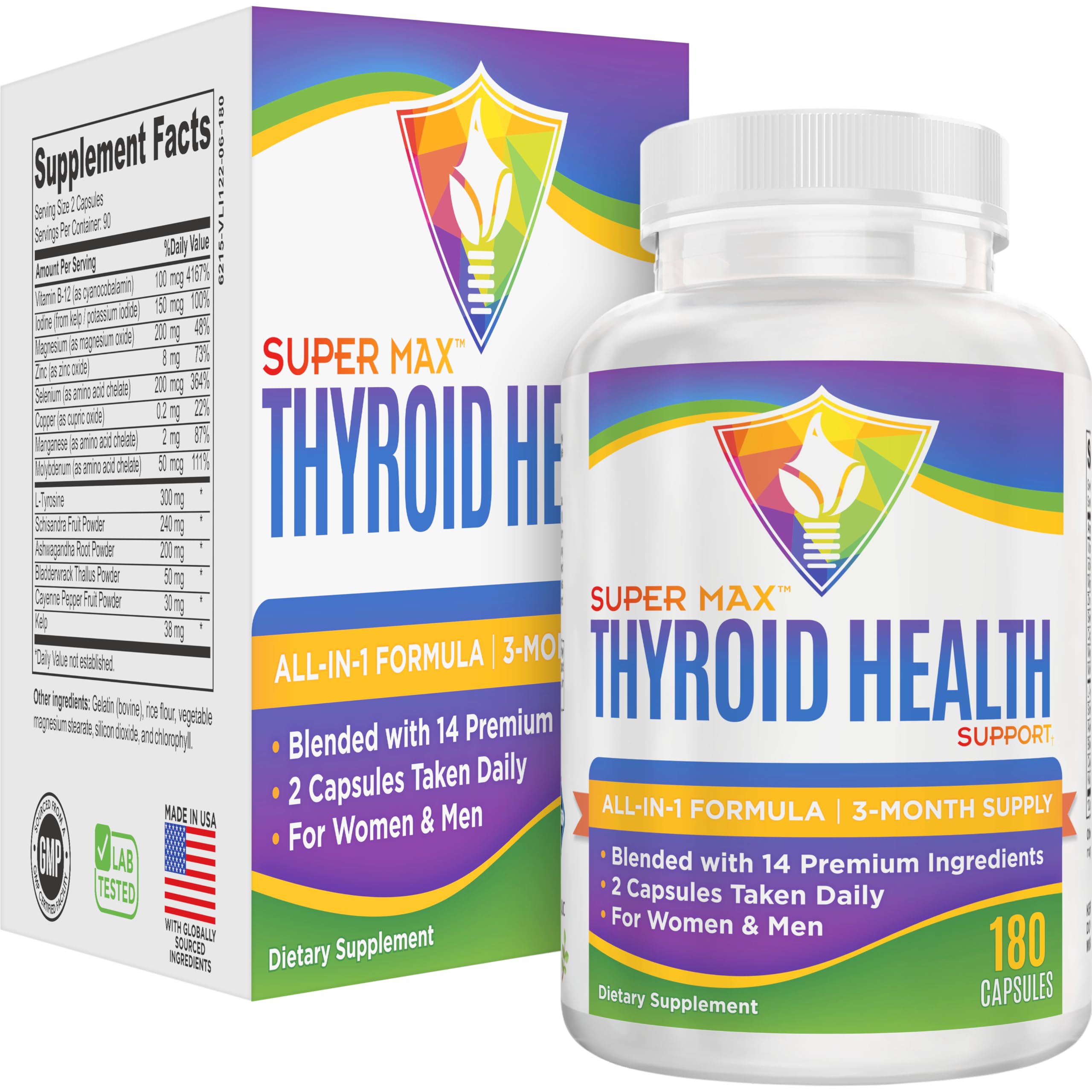 Thyroid Support (3-Month) Supplement All-in-1 with 14 Active Ingredients in 1 Formula | Thyroid Health Support Supplements for Women & Men | 90-Day Bulk Supply | 180 Capsules