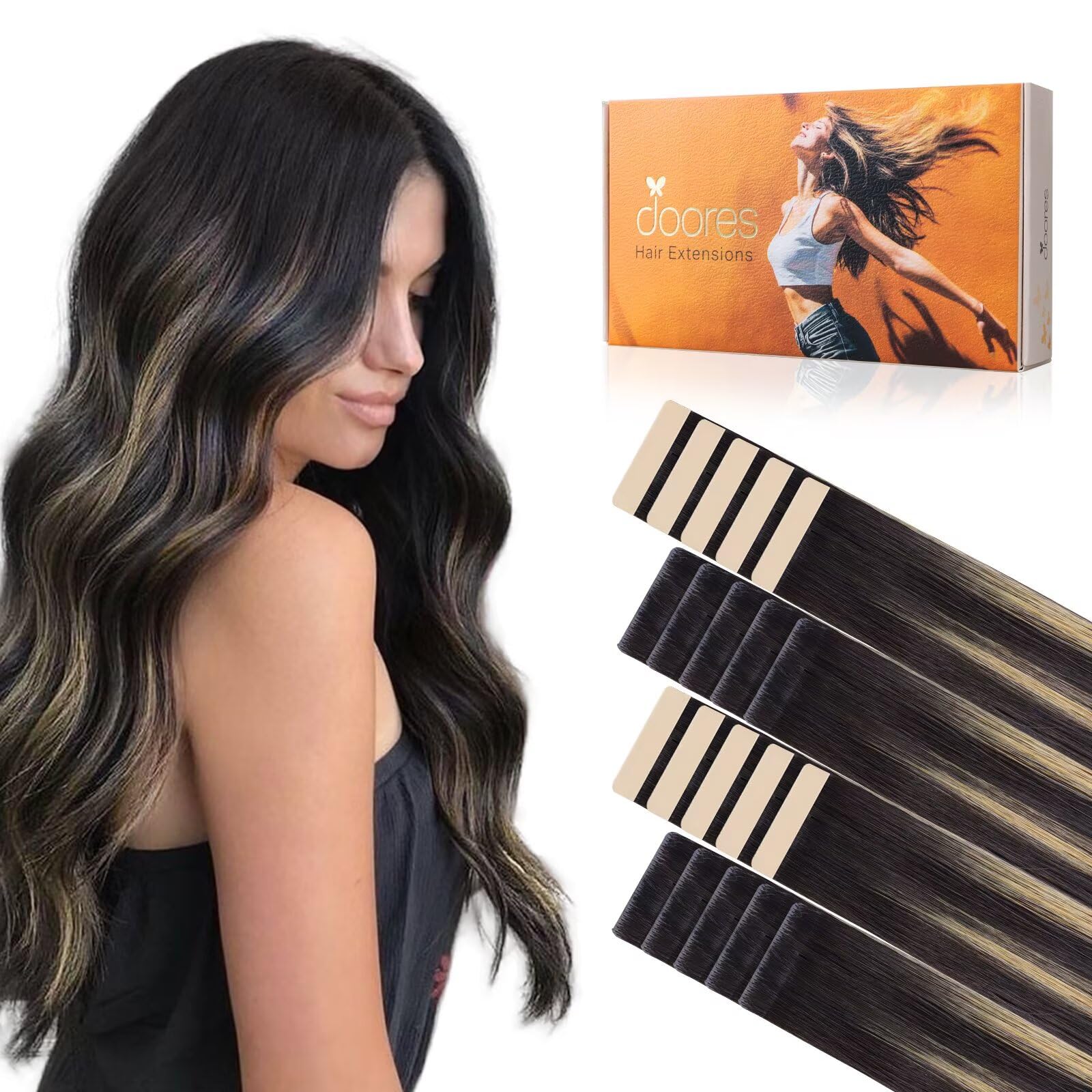 DOORES Invisi Edge Tape in Hair Extensions, Natural Black to Light Blonde 10 Injection Tape-ins with 10 Classic Tape-ins 50g 18 Inch, Injected Tape in