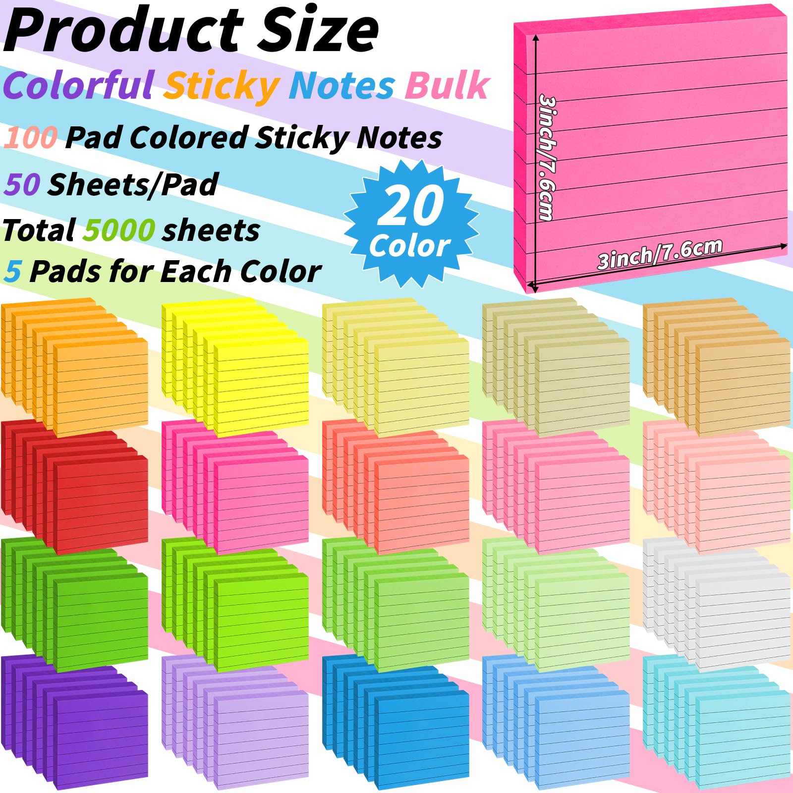 100 Stück linierte Haftnotizen, Großpackung, 7,6 x 7,6 cm, selbstklebende Notizblöcke, bunt, in 20 Farben, selbstklebendes Papier, Memo, 50 Blatt/Block, einfach zu verschicken, für Büro, Zuhause