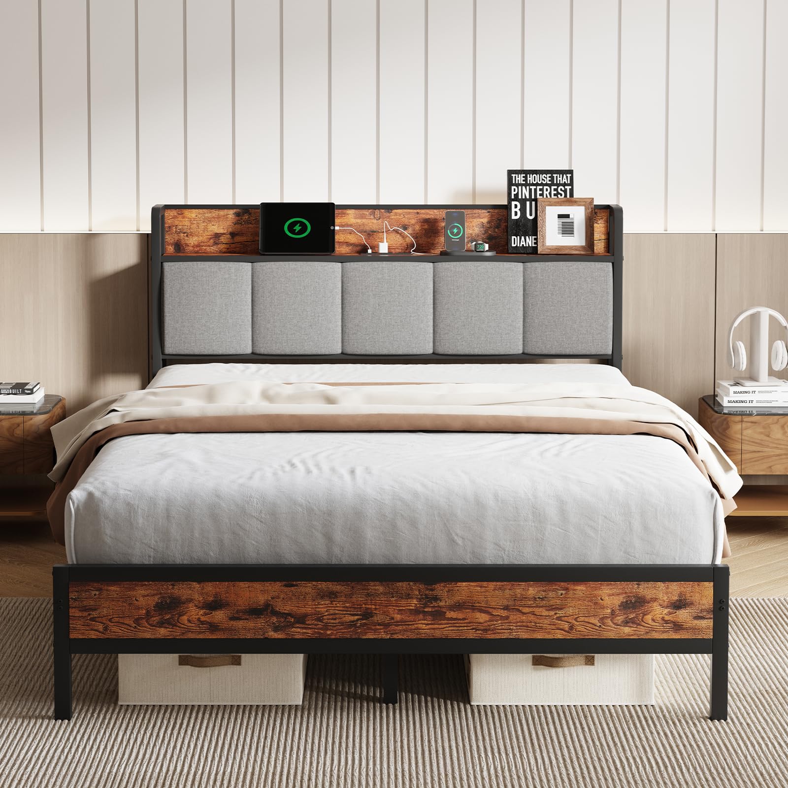 Novilla Full Size Bed Frame with Charging Station USB/Type-C & Storage Headboard, Modern Metal Platform Bed Frame, Easy Assembly, Heavy Duty Slats Support, Noise Free, No Box Spring Needed