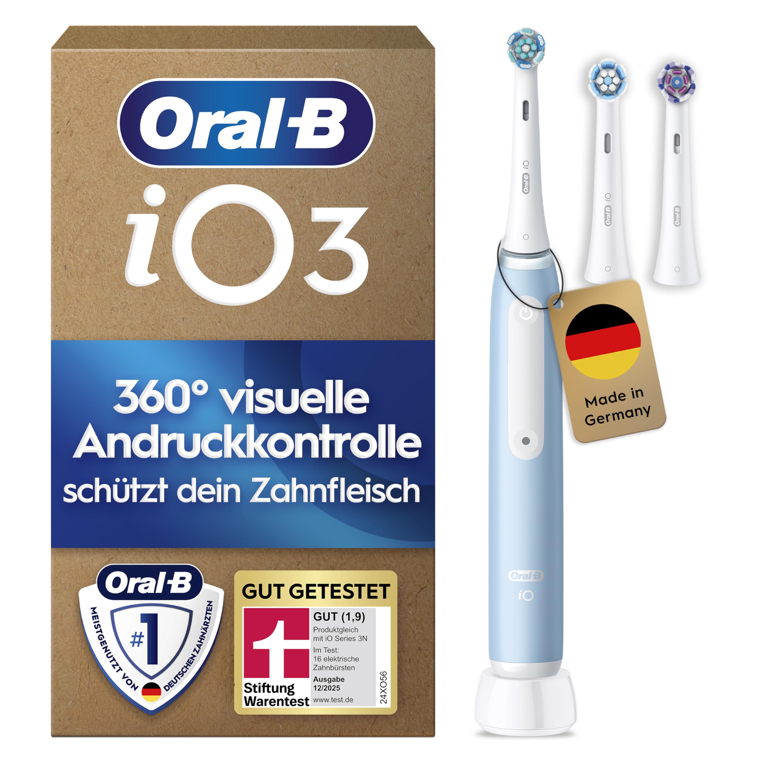 Oral-B iO Series 3 Plus Edition Elektrische Zahnbürste — Electric Toothbrush, Inkl. 3 Aufsteckbürsten, 3 Putzmodi für Zahnpflege — Designed by Braun, GUT GETESTET von STIFTUNG WARENTEST, Hellblau