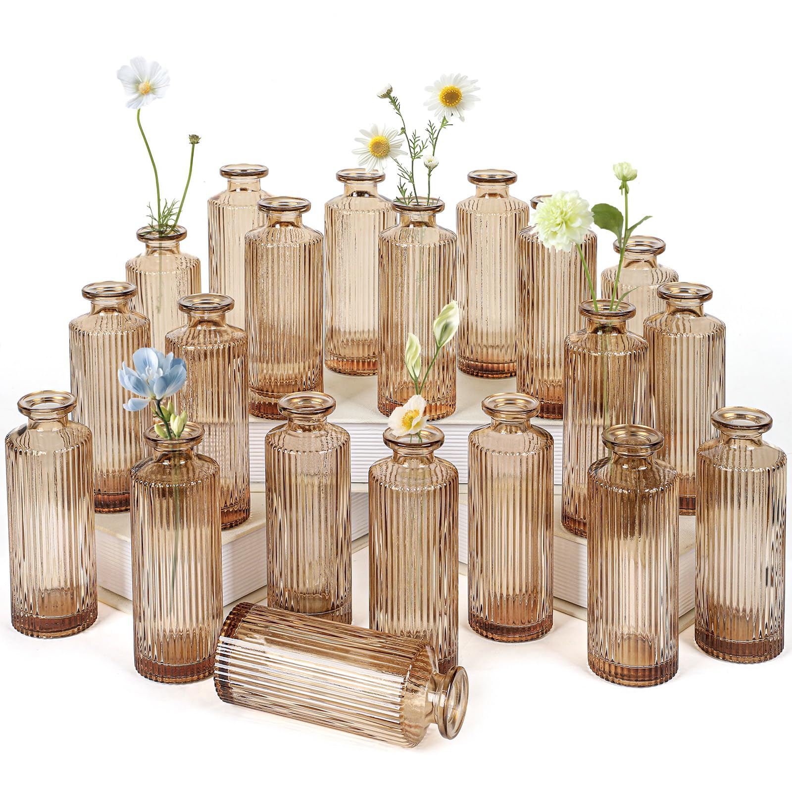 Glass Bud Vases Set of 20, Living Bud Vases, Small Bud Vase in Bulk, Mini Flowers Vases for Centerpiece, Vintage Decorative Vase Set for Table Decorations, Wedding Reception, Home Decor (Amber)