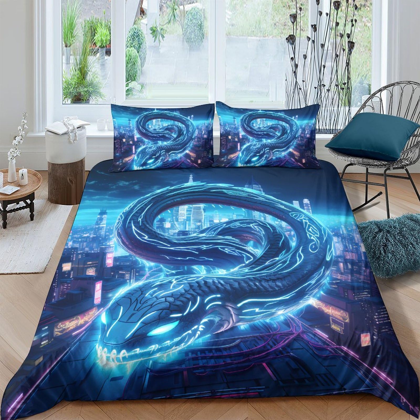 Ctjqhvkz Style-5 3D Printed Cyber Dragon Fitted Sheet Microfiber Blue Futuristic Snake Bed Cover For Bedroom Dorm Mattress Decor Single（135X200cm）