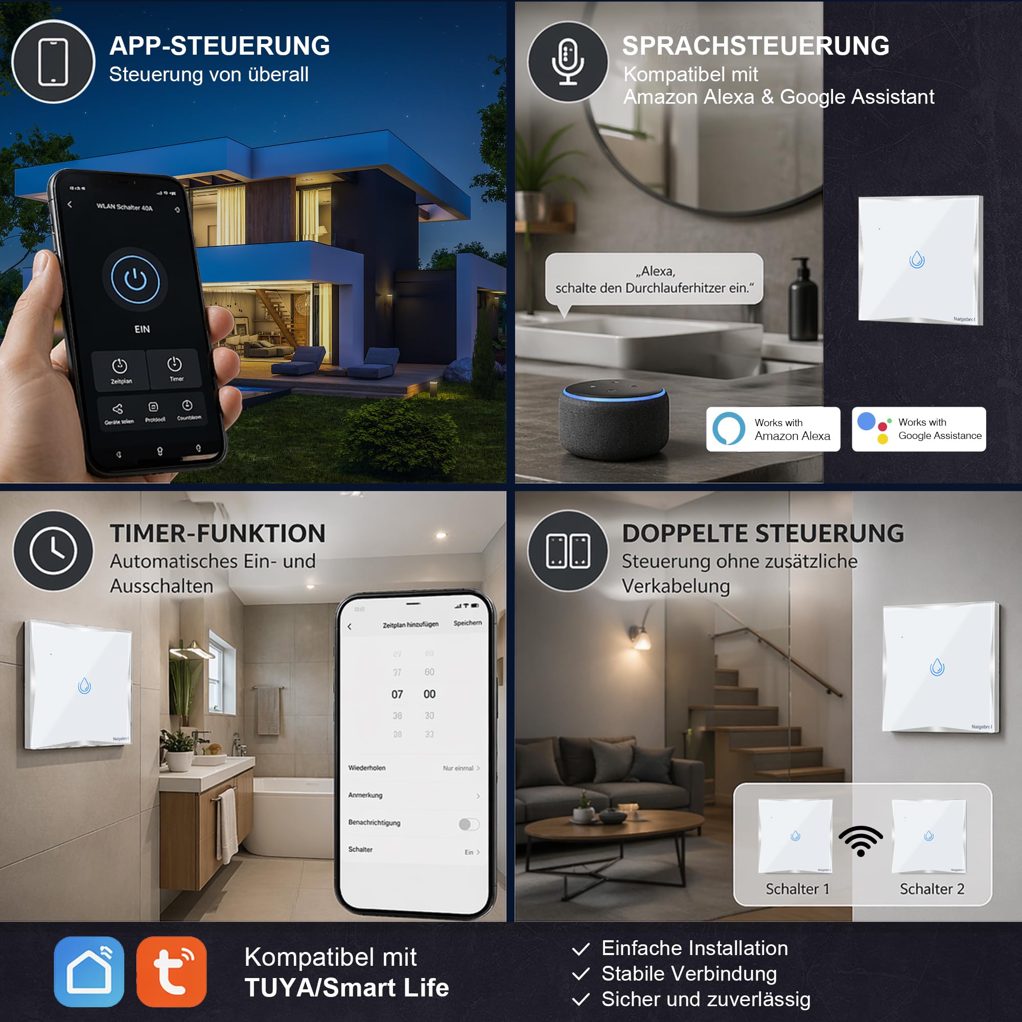 Interruttore intelligente WiFi 123 40 A per scaldabagno, interruttore touch da parete con conduttore neutro, vetro temperato bianco con cornice argentata, app TUYA, compatibile Alexa e Google, 230 V