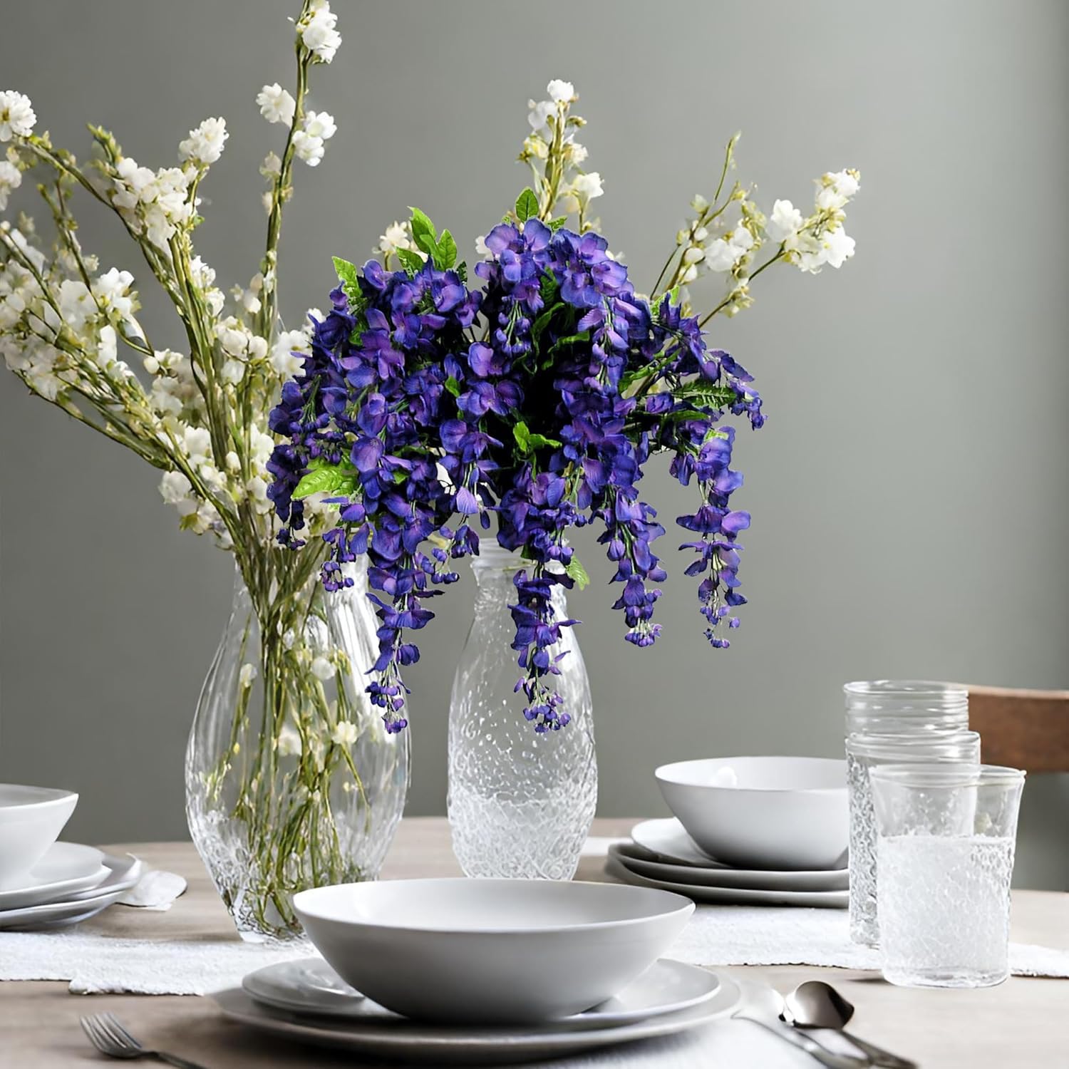 Admired by Nature 2pcs of 15 Stem Artificial Flowers Wisteria Hanging Plants Flowers for Outdoor, Fake Hanging Plant Baskets for Home Decor Wedding Garden Cemetery Flowers for Grave, Purple