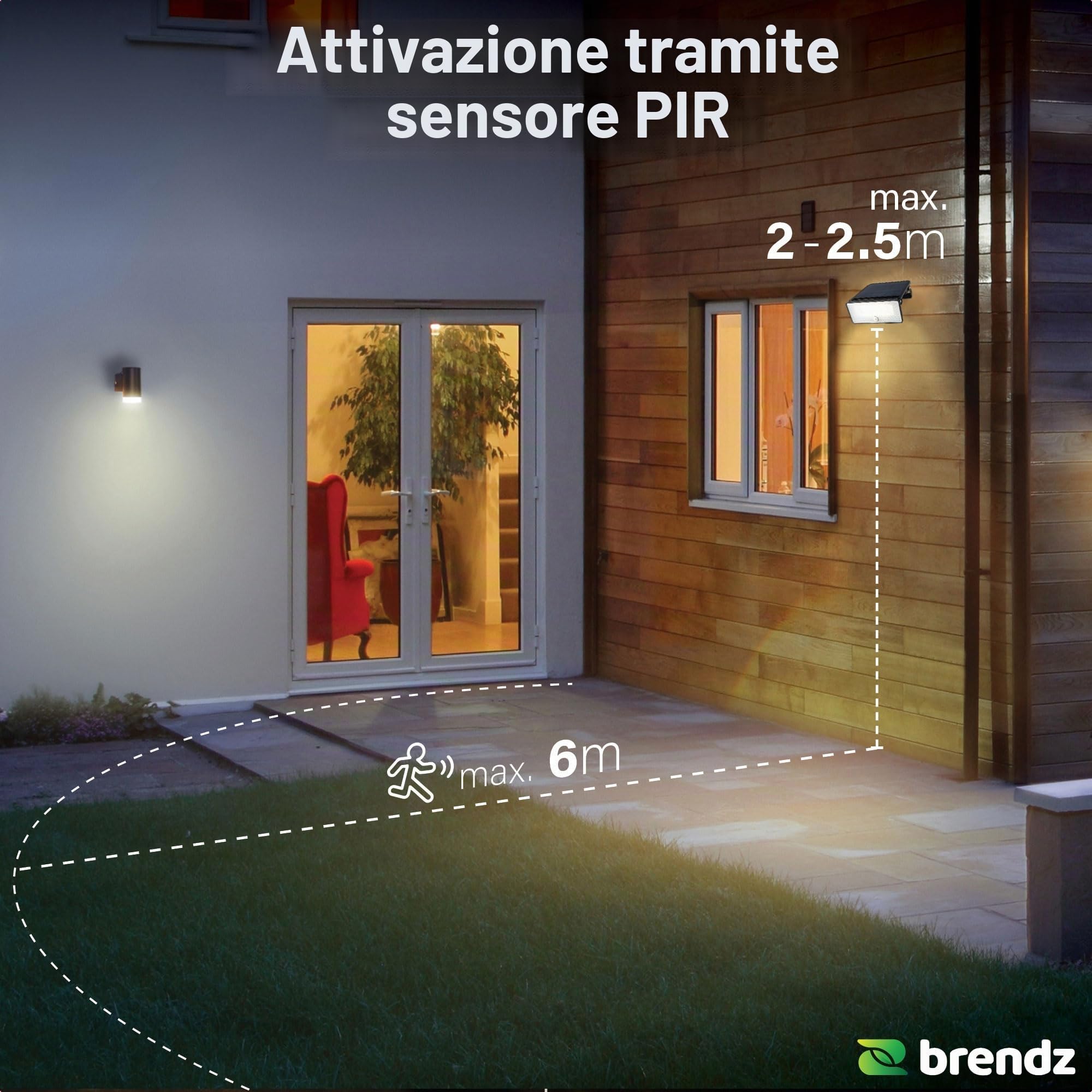 Brendz Paso Lampada da Esterno Solare con Rilevatore di Movimento, 1600 lumen, IP54 Impermeabile, 3 Modalità di Luce, 2 Pezzi, Faretto Solare LED con Rilevatore di Movimento per Esterno, Paso