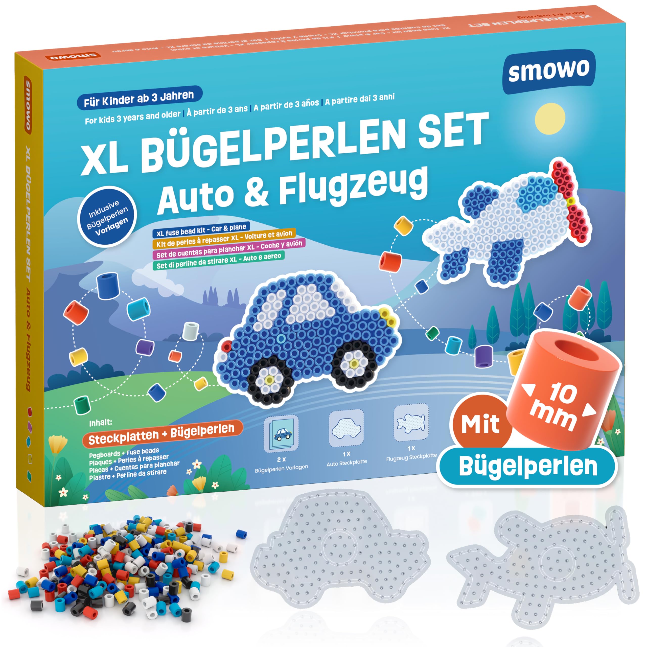 Smowo® 10mm Bügelperlen Set mit Auto und Flugzeug Steckplatten – Kreativset mit 2 Platten, Perlen und Vorlagen - Große Maxi Stiftplatten für Kinder ab 3 Jahren