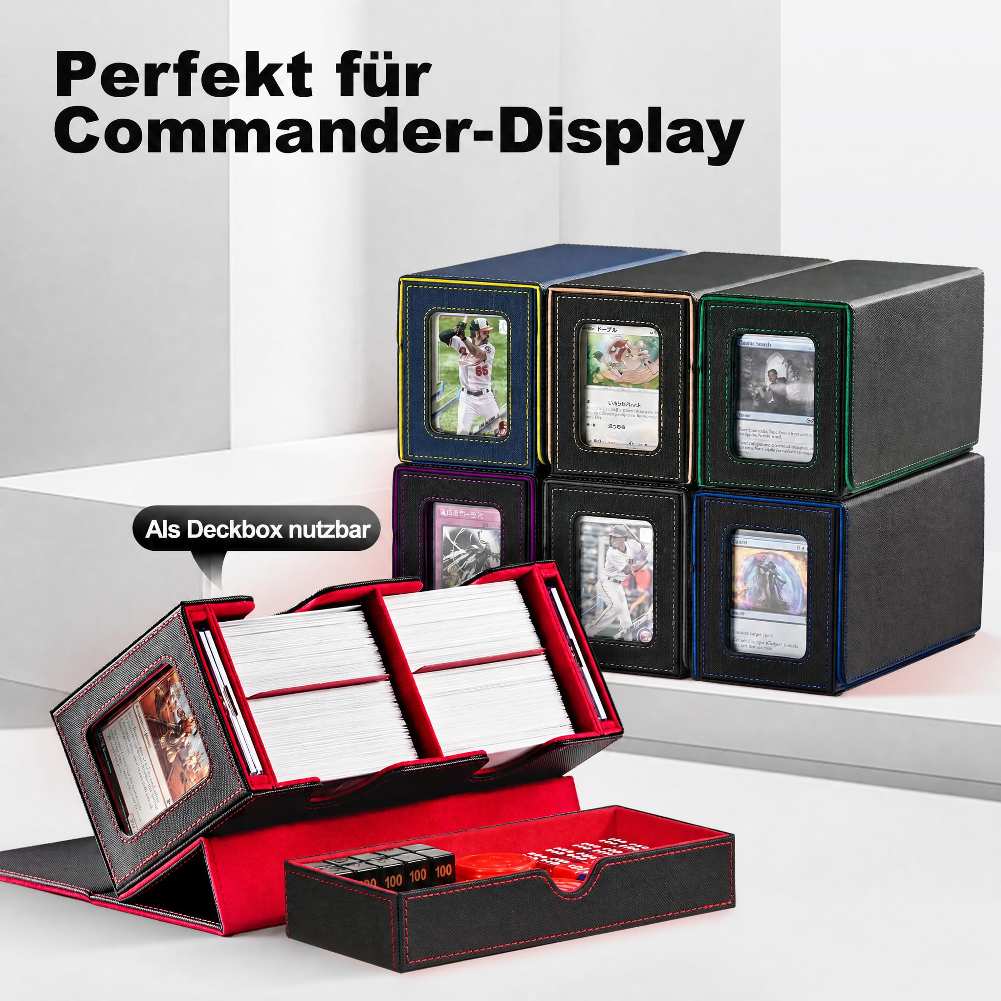 UAONO MTG Deck Box mit 2 Commander Display und Würfelablage, patentiertes Design, Doppeldeck-Box für 250+ einhüllige Karten, Leder-Magnetkarten-Aufbewahrungsbox passend für TCG CCG Magic Cards