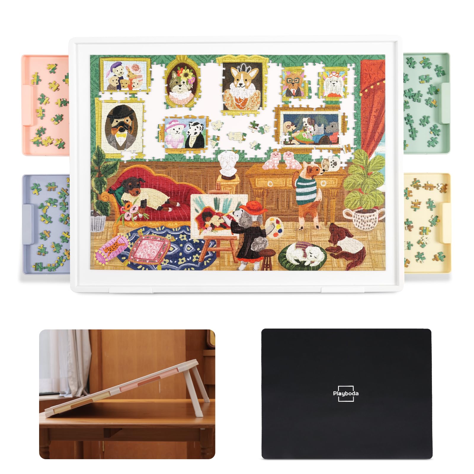 1000-Piece Tilting Puzzle Board (30"x22") with 4 Color Drawers and Protective Mat, Adjustable Puzzle Table with Built-in Stand, Ideal Puzzle Gift for Adults
