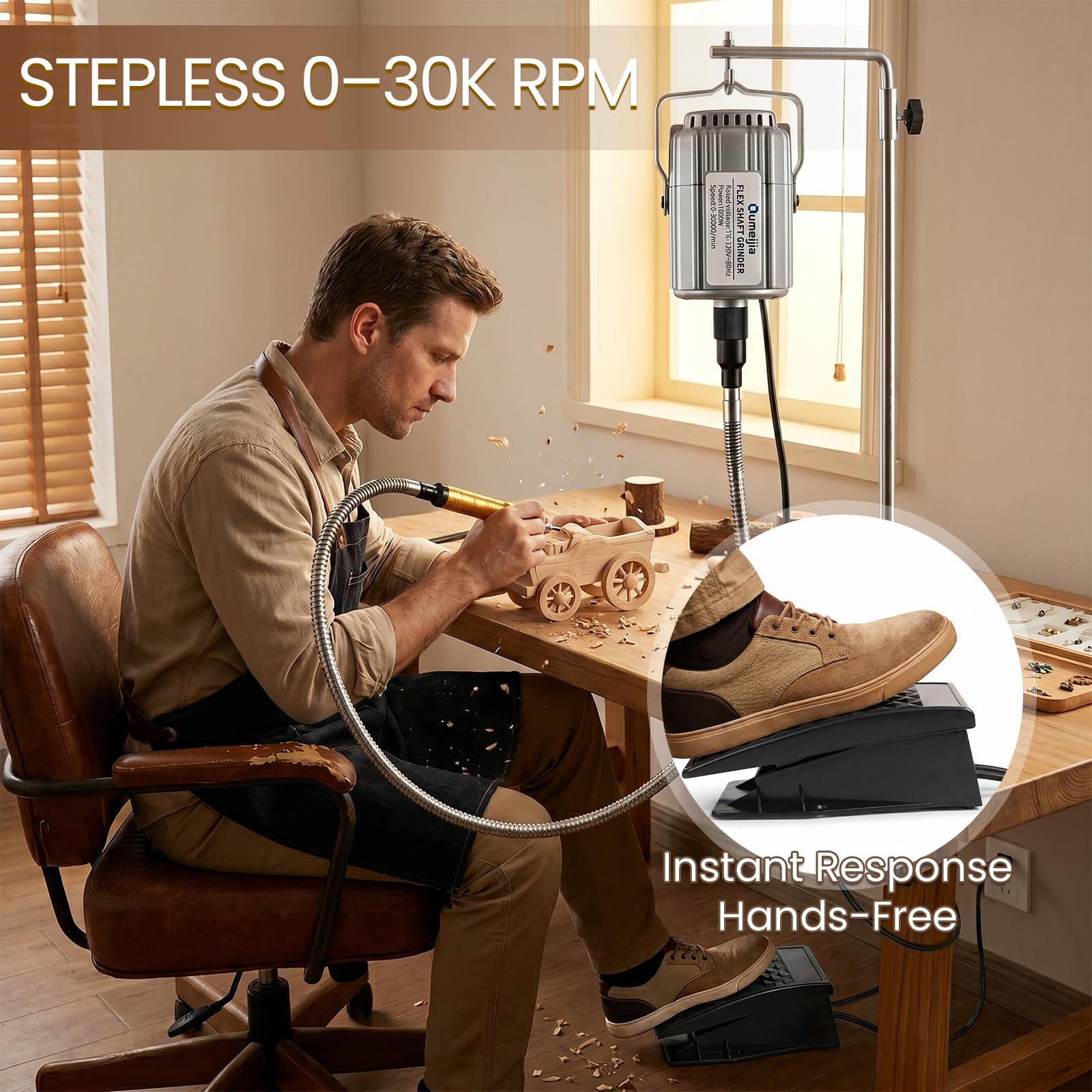 Herramienta giratoria de eje flexible de 1200 W, amoladora colgante de velocidad variable de 30000 RPM con 46 accesorios y pedal de pie, máquina eléctrica de tallado de eje flexible para madera, metal