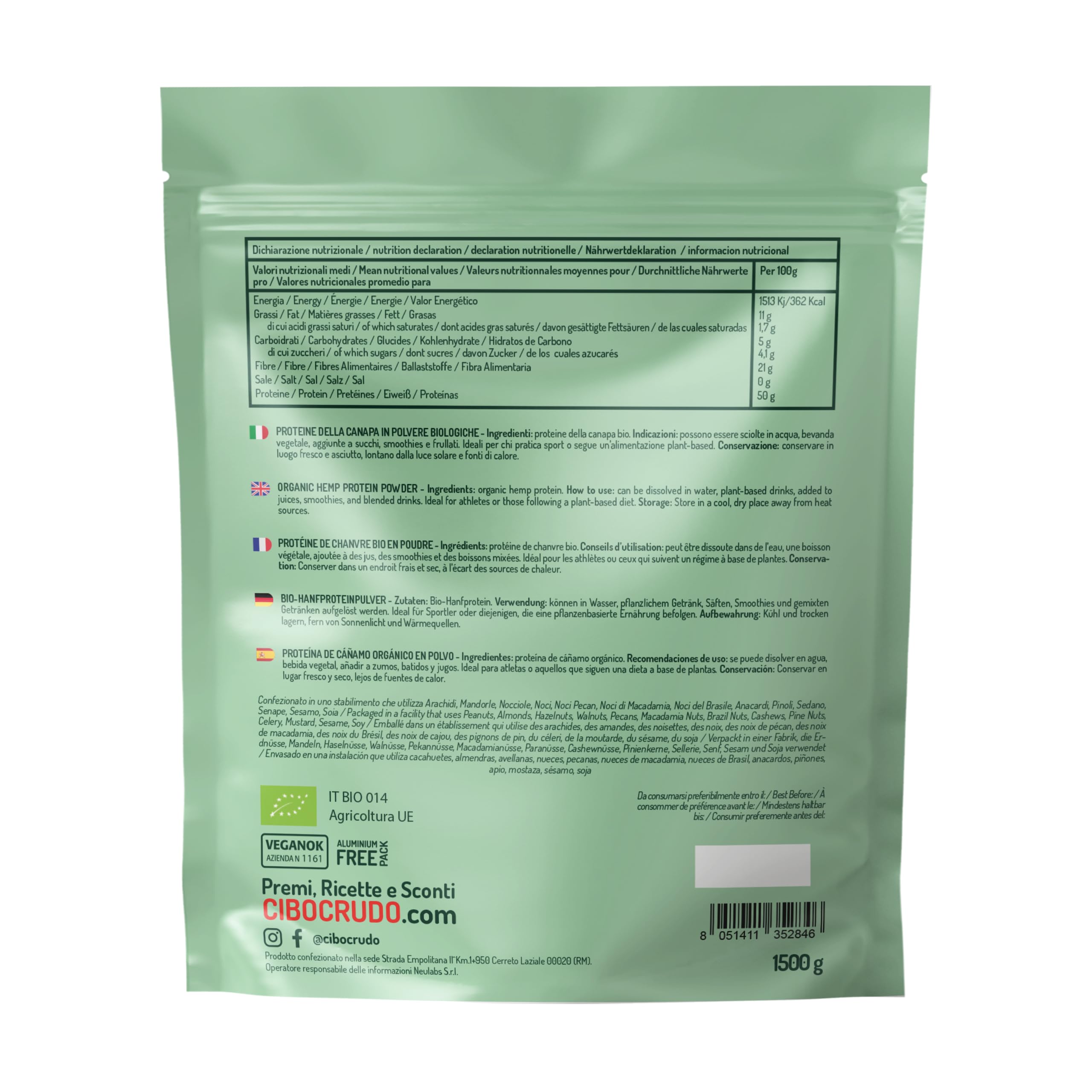 Bio Hanfprotein Pulver - 1.5 Kg. Hanfproteinpulver Frei von Gluten Soja und Laktose. Hoher Proteingehalt. Enthält Aminosäuren und Essentielle Fettsäuren. Organic Hemp Protein Powder.