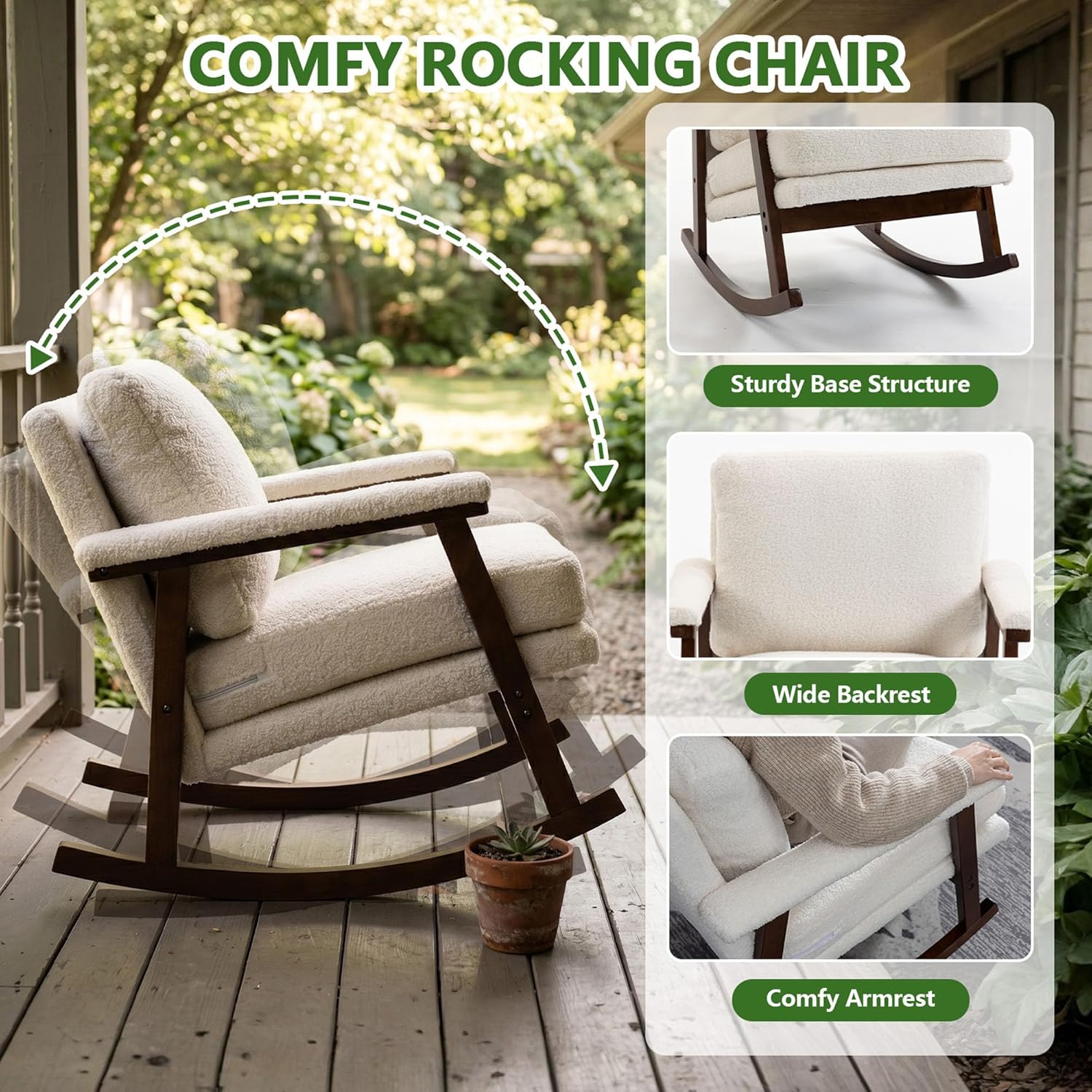 HRVEOCEI White Upholstered Rocking Chair with Cushion, Sherpa Rocking Accent Chair for Living Room Bedroom Nursery, Wooden Frame, 250 LBS Capacity (Antique White)