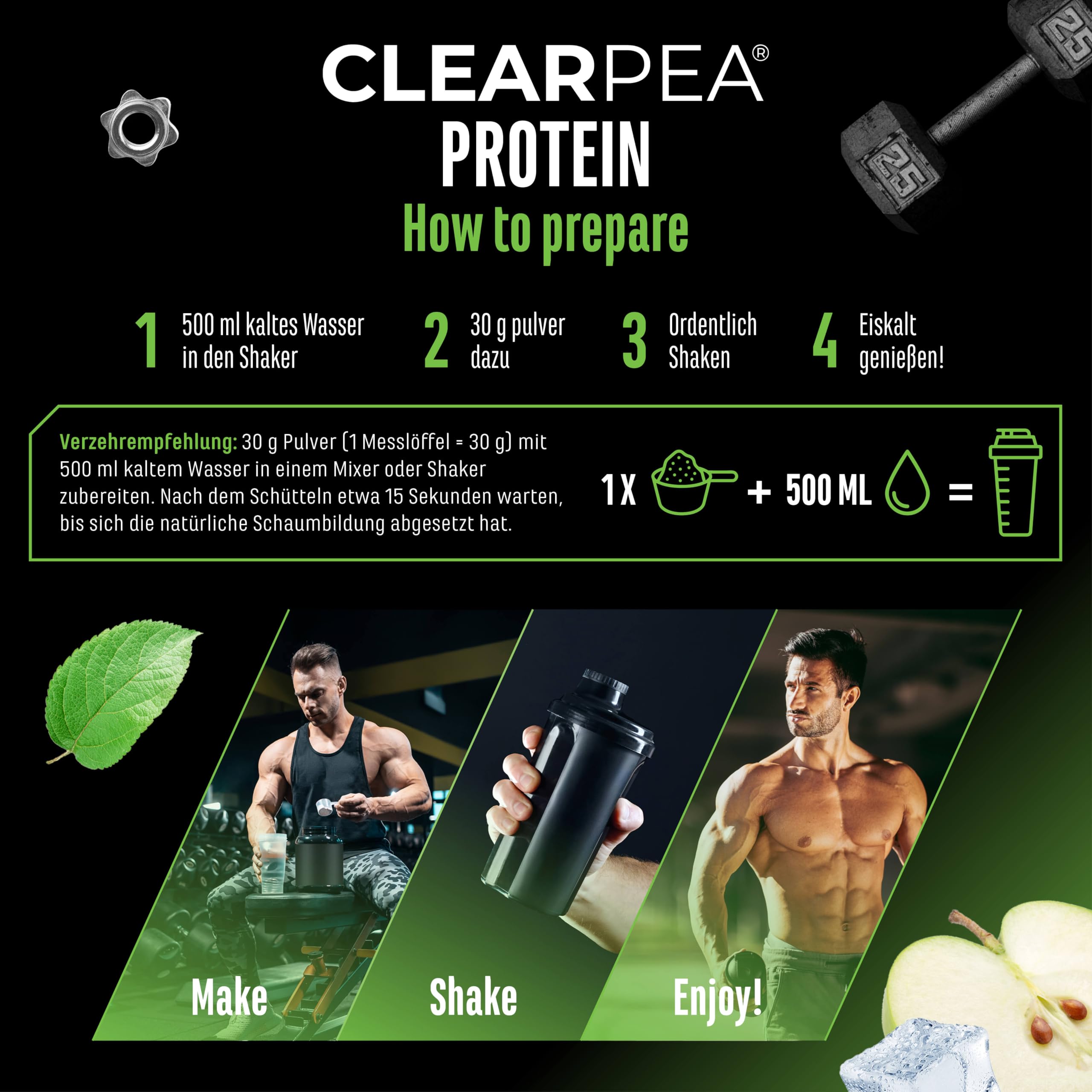 ClearPea® - Clear Protein Vegan - Lecker & erfrischender veganer Eiweiß-Shake - Veganes Eiweißplulver aus Erbsenproteinhydrolysat Pepitde - Clear Whey Alternative (454g, Green Apple)