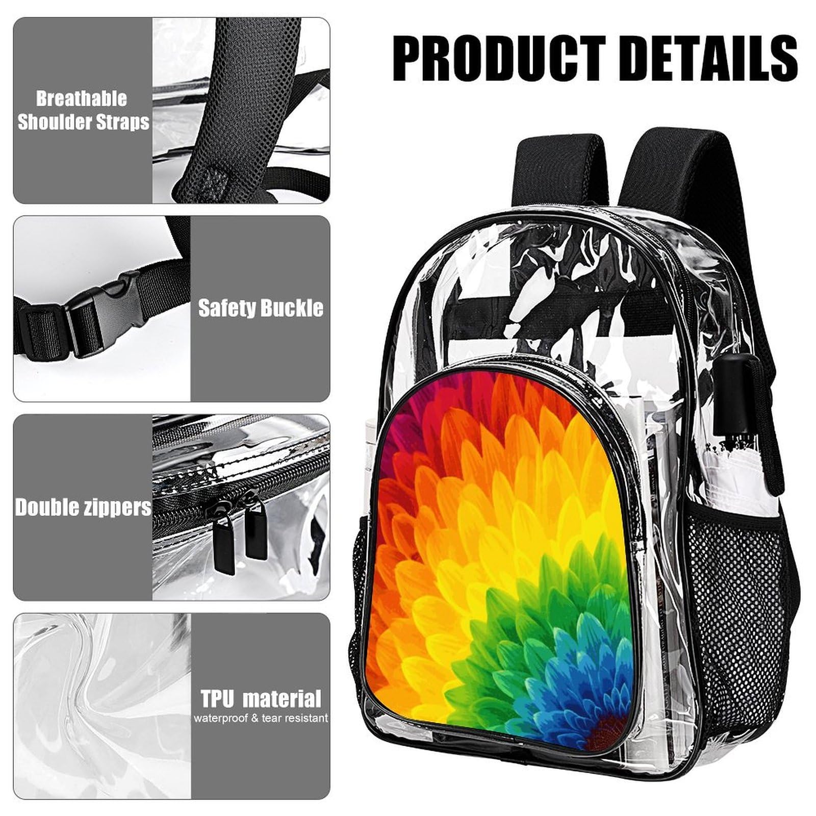 Transparenter Rucksack mit Sonnenblumen-Motiv, groß, transparent, PVC, Büchertasche für Sicherheit, Arbeit, Reisen, Stadion