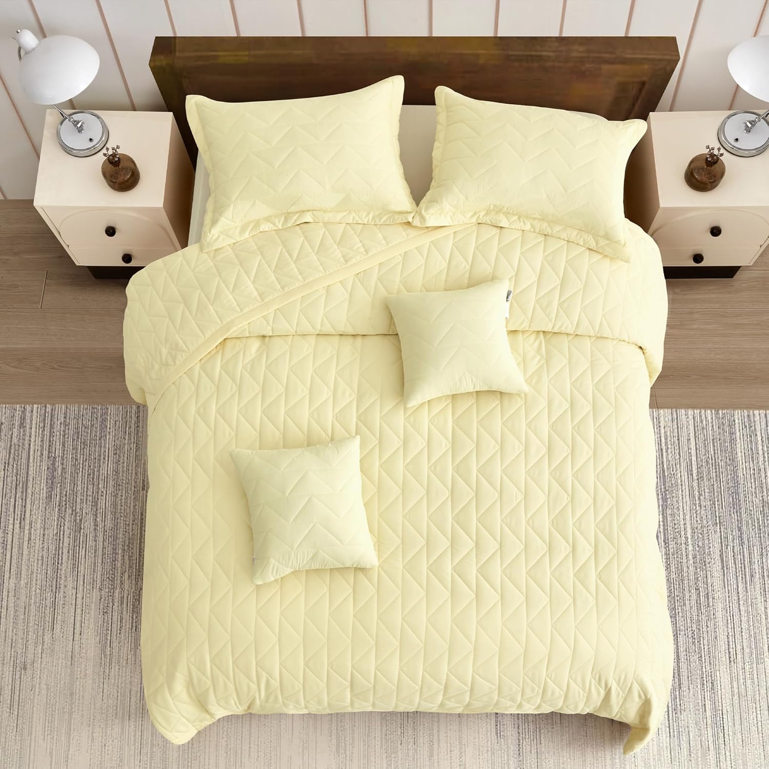 Oversized King Bedspread 128x120 Extra Wide, Modern & Contemporary Look, Lightweight Bedding Cover, Reversible, 5 Piece Set, Ivory Yellow