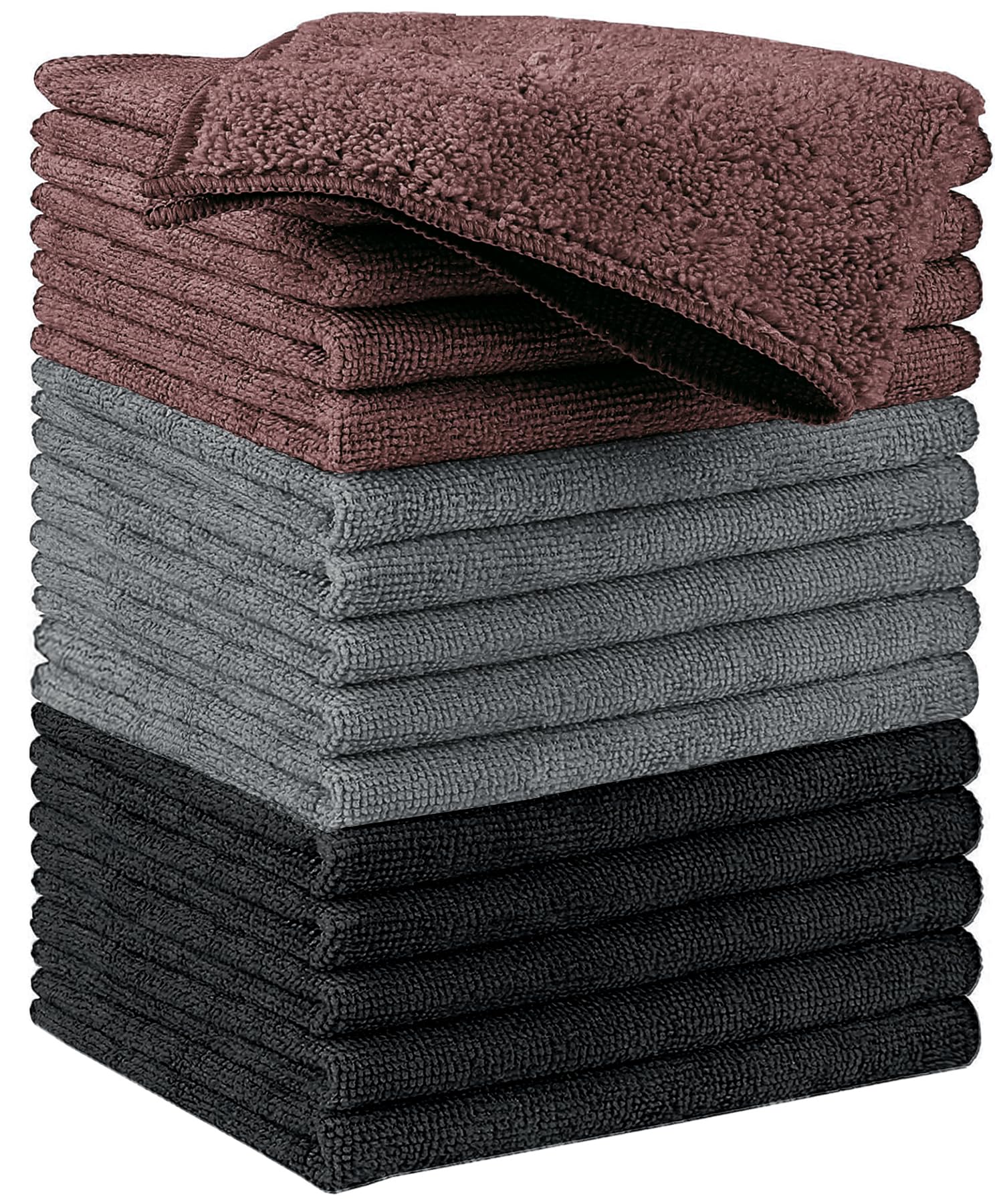Hidmd Grey+Brown+Blackx15 Microfibre Cleaning Cloth, Microfiber Reusable Dish Cloths Kitchen Towels, Pack Of 15, Grey Black Brown, 30Cm X 30Cm