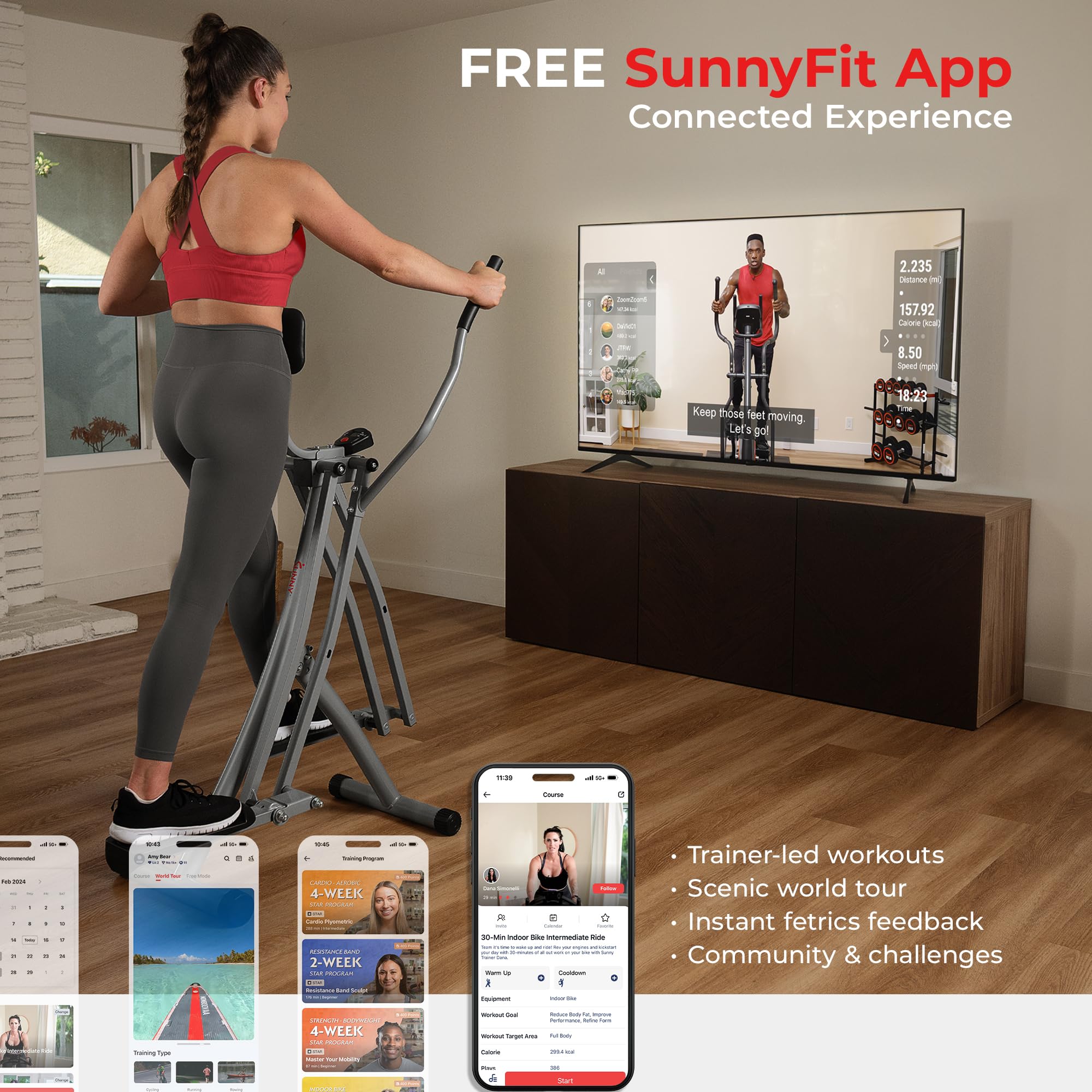 Sunny Health & Fitness Smart Air Walk Elliptical, Foldable Machine w/ 30-INCH Stride, Cardio Cross Trainer Glider for Home Exercise, Free SunnyFit App Bluetooth Link, Optional Adjustable Resistance