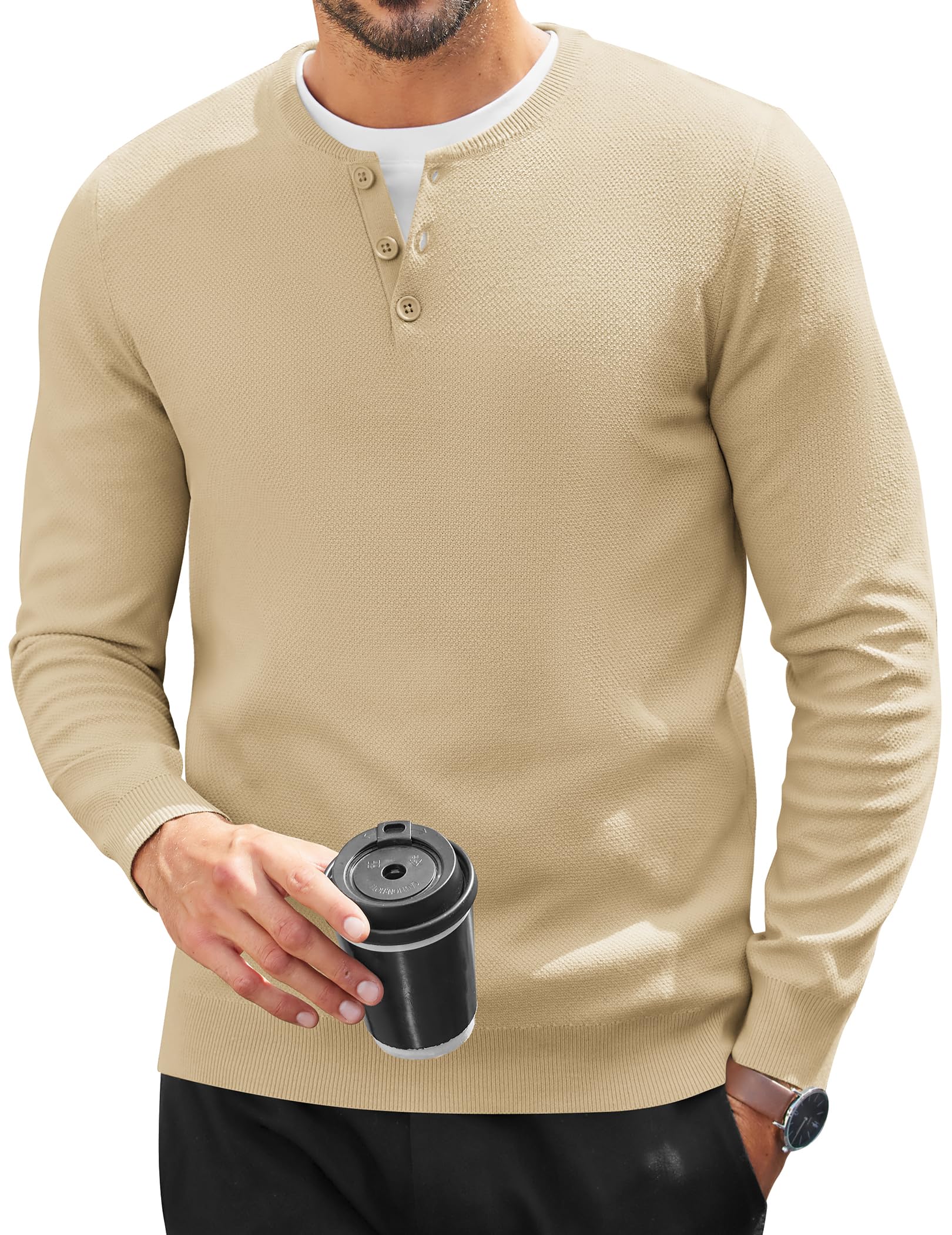 COOFANDY Herren Henley Pullover Knopfleiste Strickpullover für Herren Langarm Winter Arbeitspullover Männer Einfarbig Pulli Basic Sweater Regualr Fit