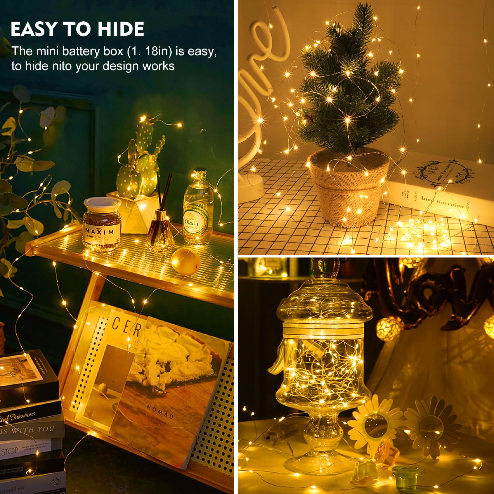 pozzolanas 50 Stück warmweiße Lichterkette, batteriebetrieben, 3 Modi, 20 LEDs, wasserdichte Lichterkette, funkelnder Silberdraht für Einmachgläser, Hochzeit, Weihnachten, Halloween, Party-Dekoration