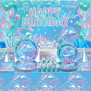 Dolphin Party Supplies, Includes Happy Birthday Party Backdrop, Plates, Cupcake Toppers, Napkins, Cups, Tablecloths, for Ocean Dolphin Theme Birthday Baby Shower Party Decorations Serves 20