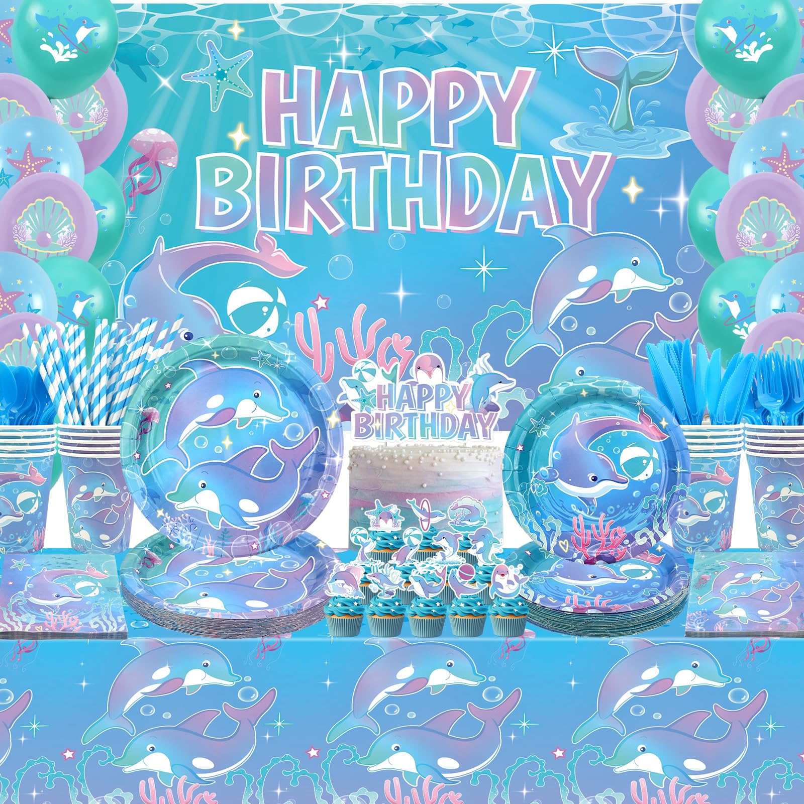 Dolphin Party Supplies, Includes Happy Birthday Party Backdrop, Plates, Cupcake Toppers, Napkins, Cups, Tablecloths, for Ocean Dolphin Theme Birthday