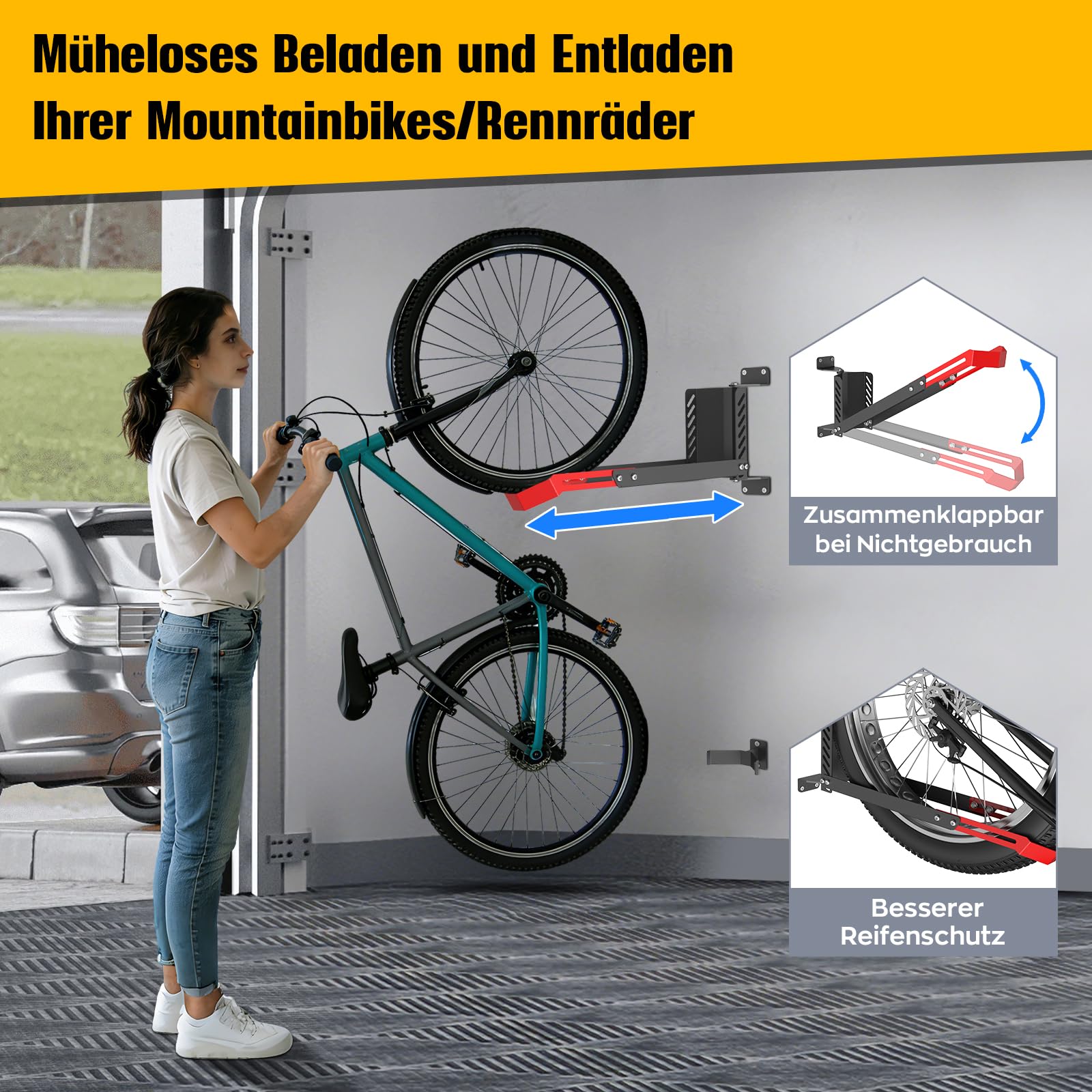 Hochwertige 160° Schwenkbare Fahrrad Wandhalterung, Fahrradständer ohne Schweres Heben, Verstellbare Faltbare Wandhalterung für Platzsparende Aufbewahrung,Passend für 20"-29" Reifen(rot/schwarz)