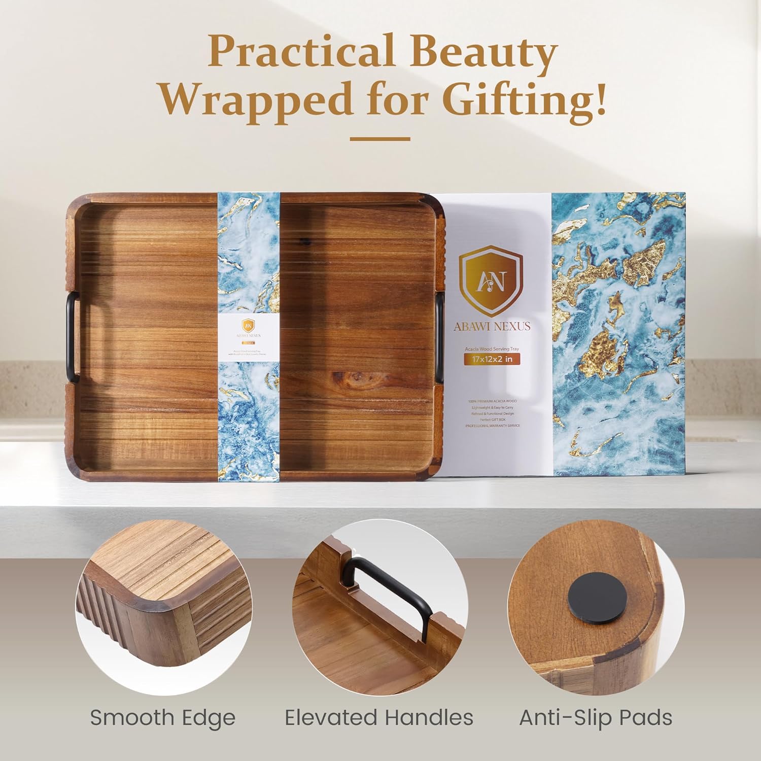 Acacia Wood Serving Tray with Metal Handles, 17x13in, Decorative Coffee Table Tray & Ottoman Tray, Anti-Slip Pads, Dark Wood Tray for Breakfast in Bed, Bar Tray, Gift Box - Image 2